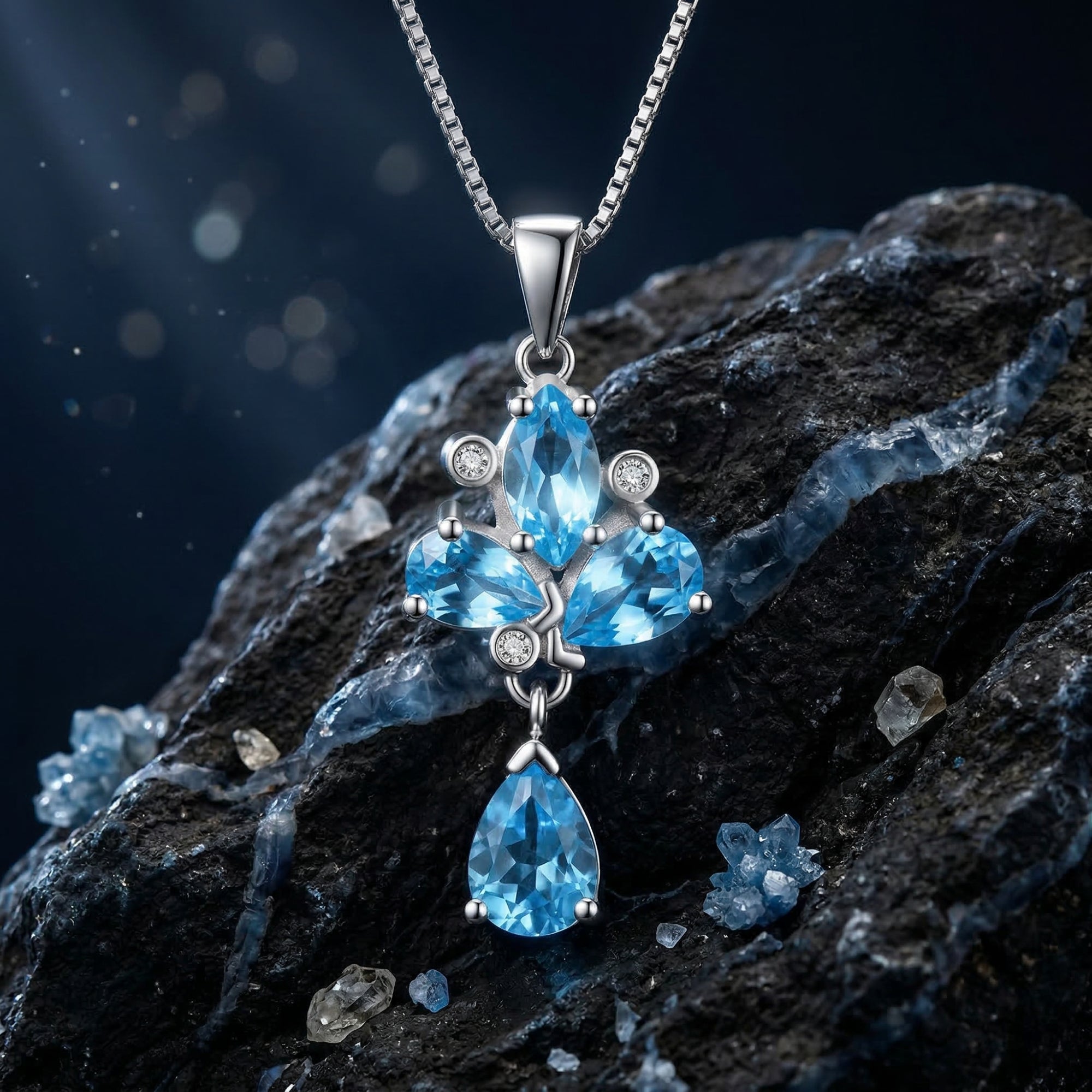 Close-up of the Zephyrine necklace pendant showing pear and marquise cut Swiss blue topaz in a silver setting.