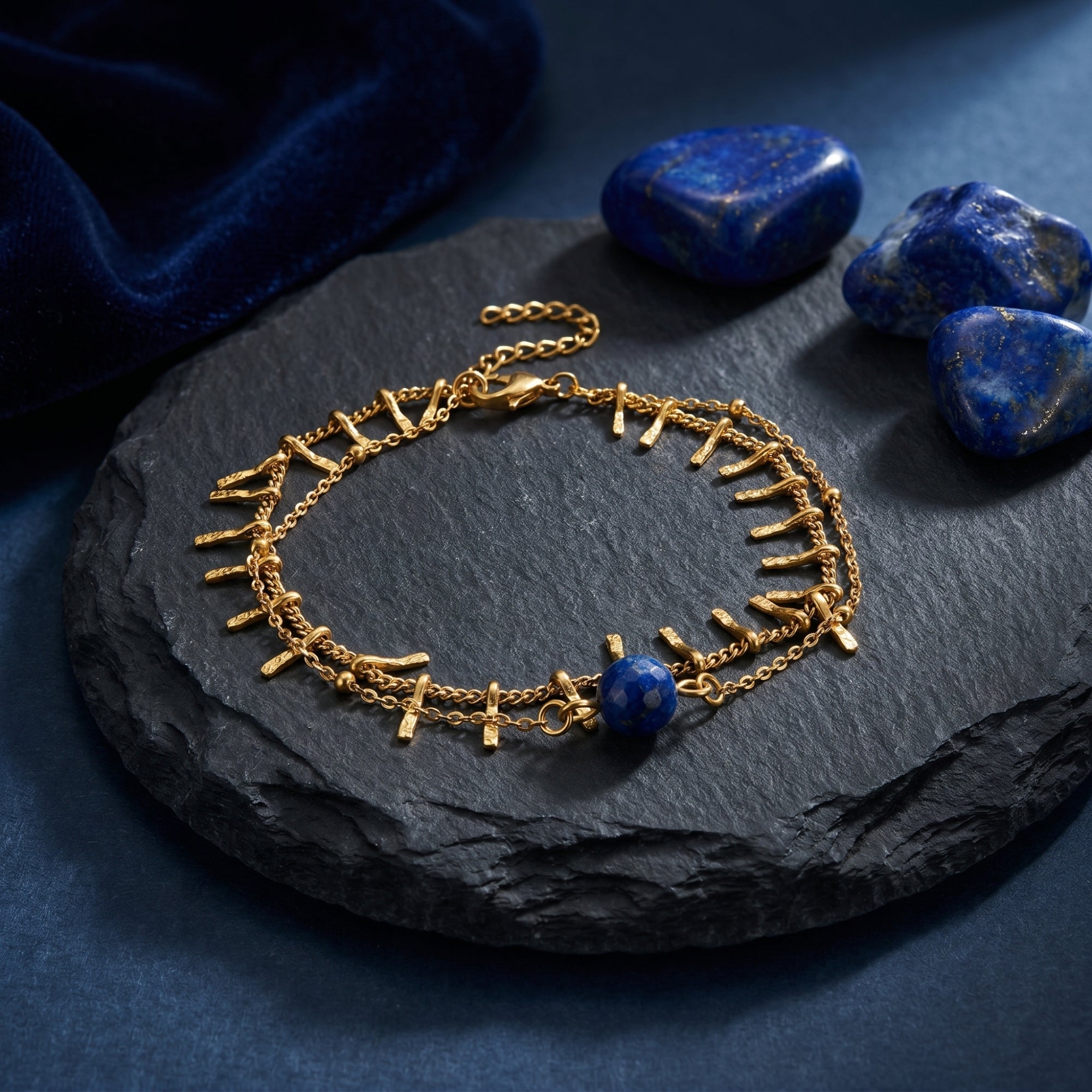 Double-strand 18K gold plated lapis bracelet on a slate rock with raw blue gemstones and velvet fabric.
