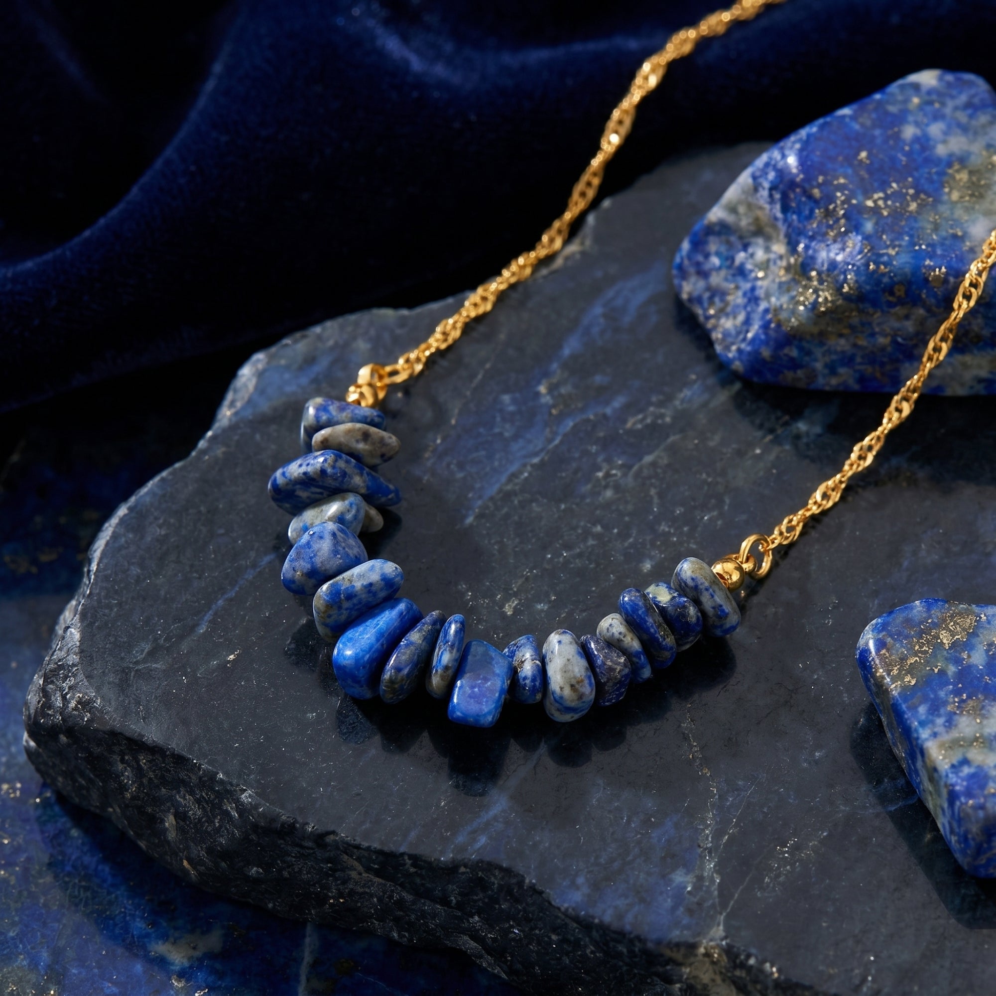 Close-up of natural blue lapis lazuli stone chips on an 18K gold plated stainless steel chain.