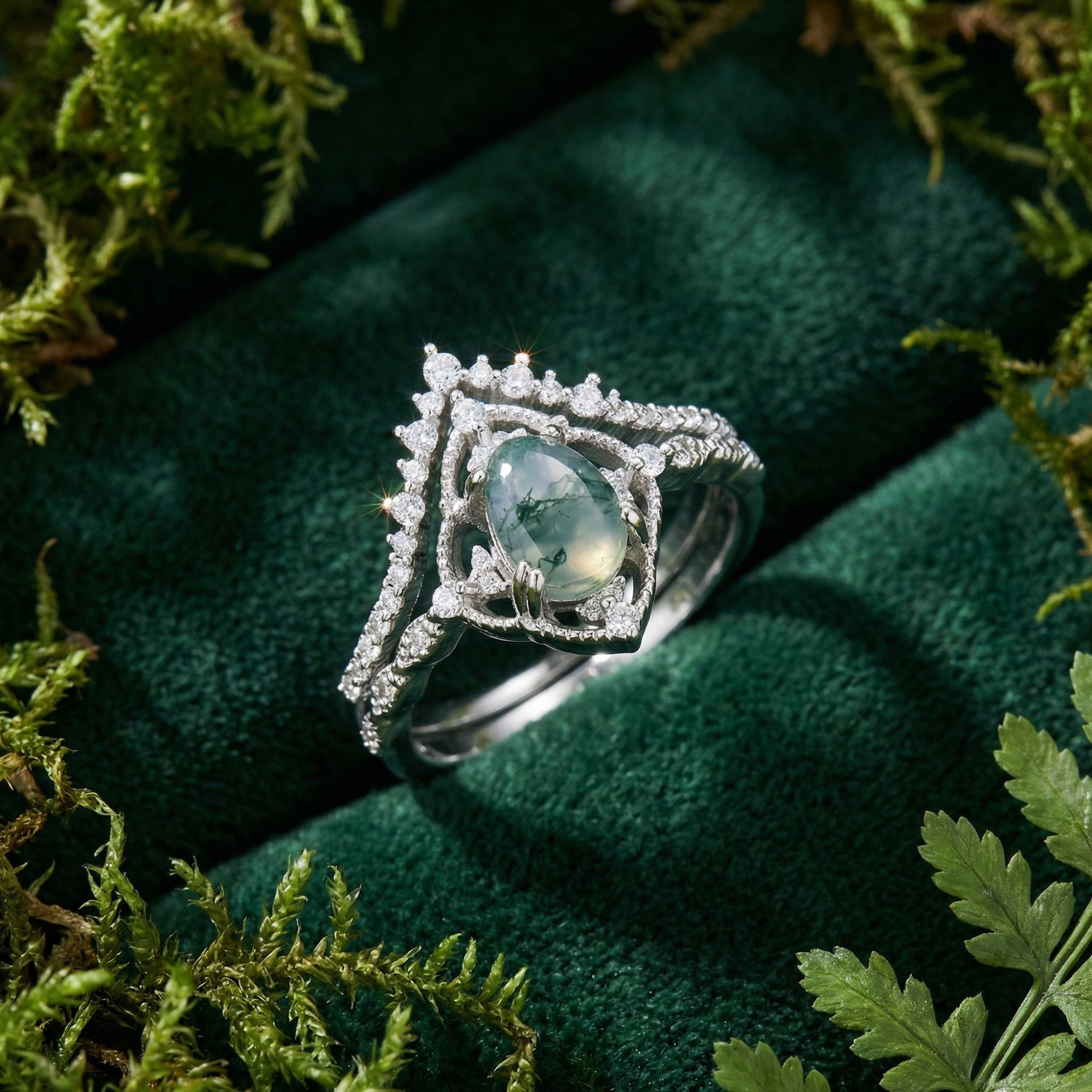 Diamantbesetztes Ringset aus natürlichem Achat im Ovalschliff – S925 Sterling Silber