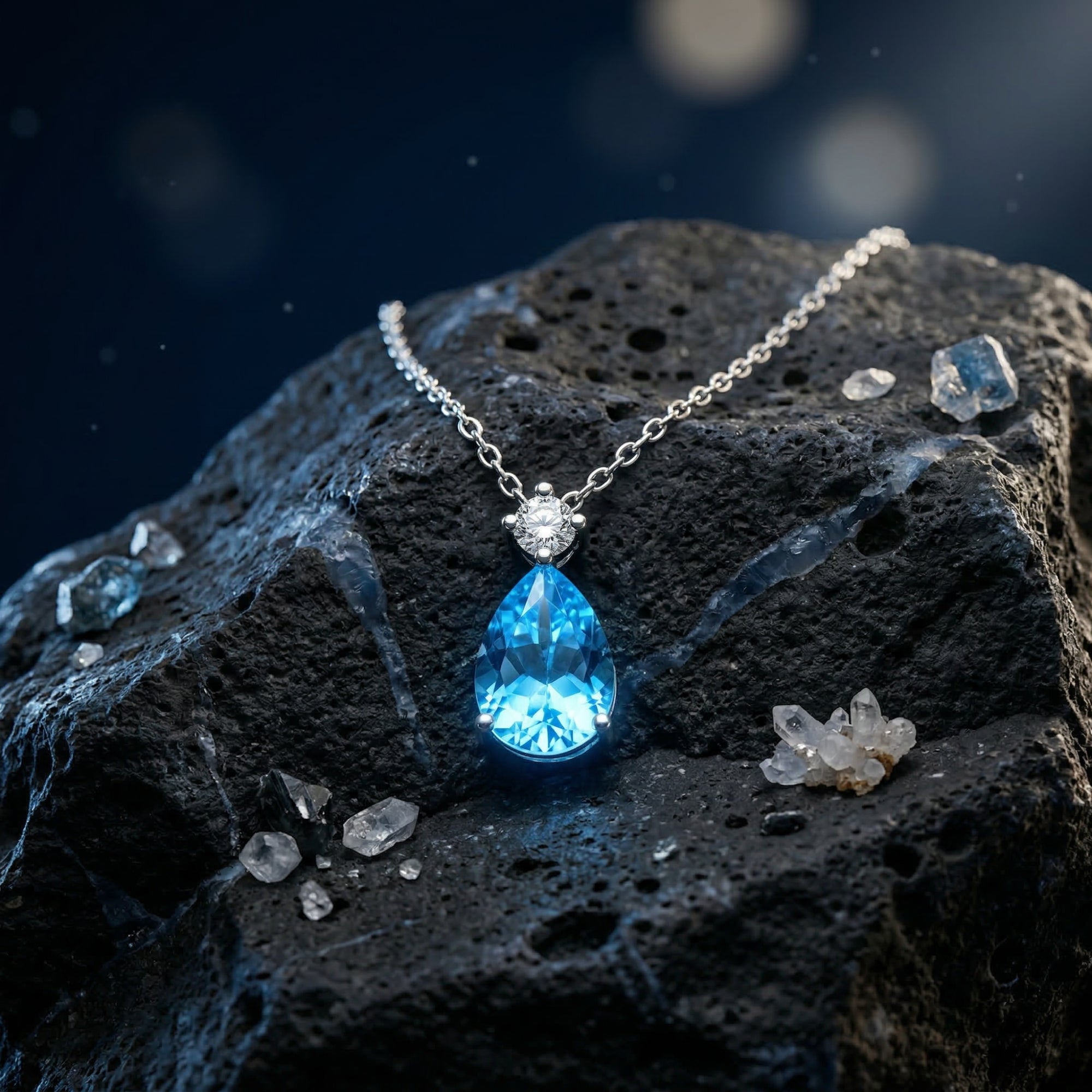 Close-up of a pear cut Swiss Blue topaz pendant on a white gold chain, resting on a textured dark rock.