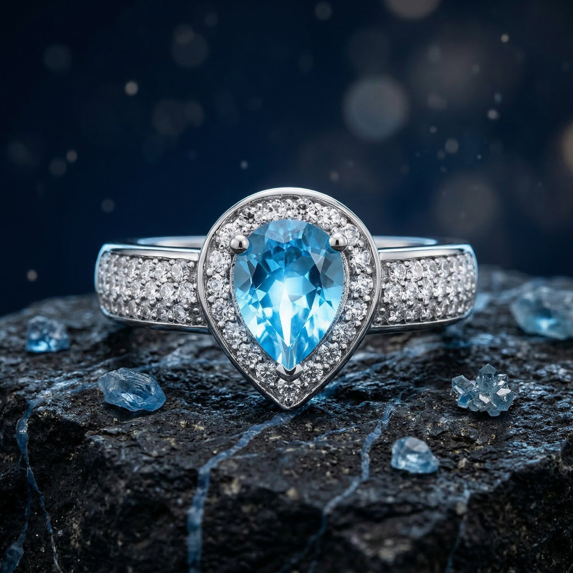Close-up of the Mariana sterling silver ring featuring a pear cut Swiss blue topaz and pavé halo setting.