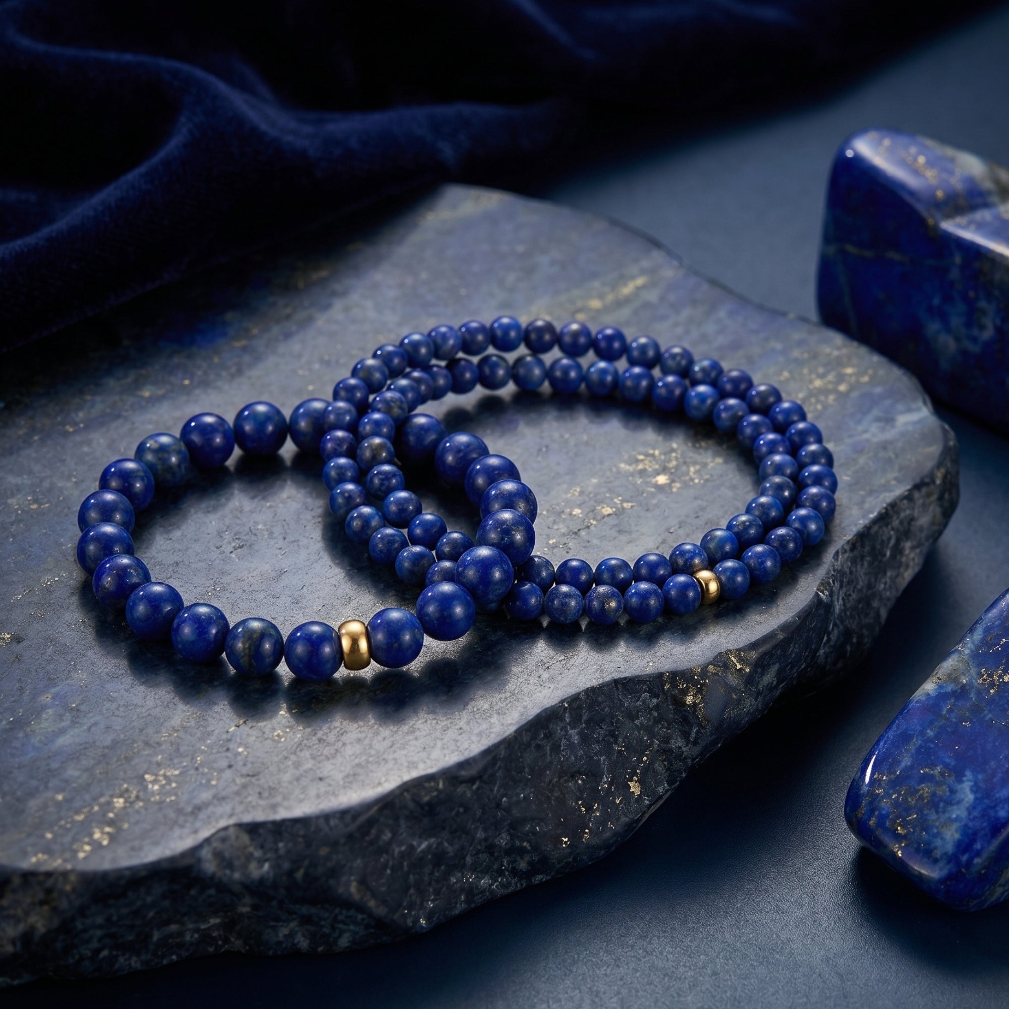 Close-up of three natural lapis lazuli beaded bracelets with gold spacers on a textured stone surface.