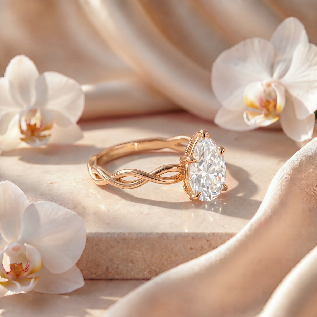 Side angle view of a yellow gold pear-cut moissanite engagement ring showing the twisted band detail.