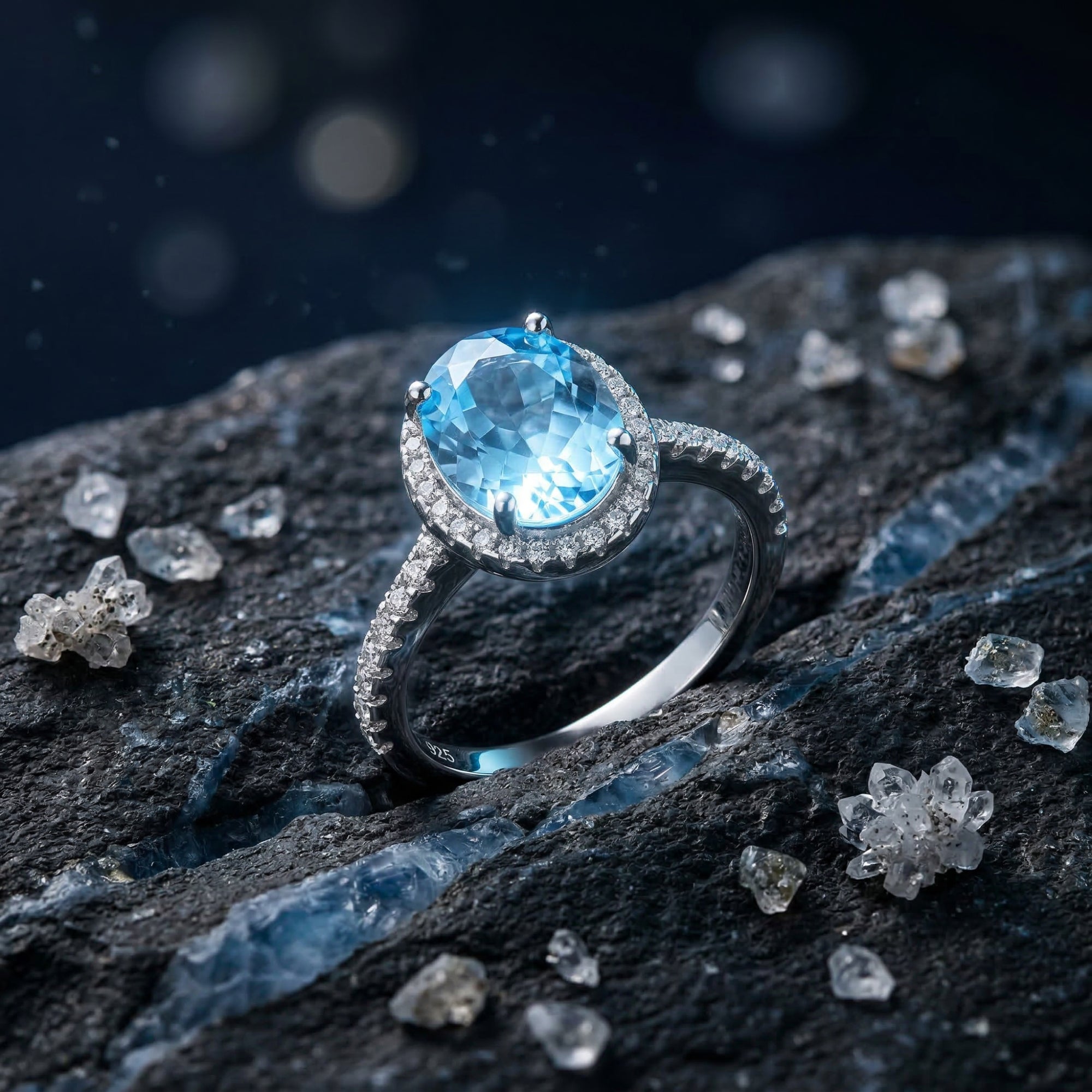 Macro view of the oval blue topaz ring in sterling silver showing the side profile and halo setting details.