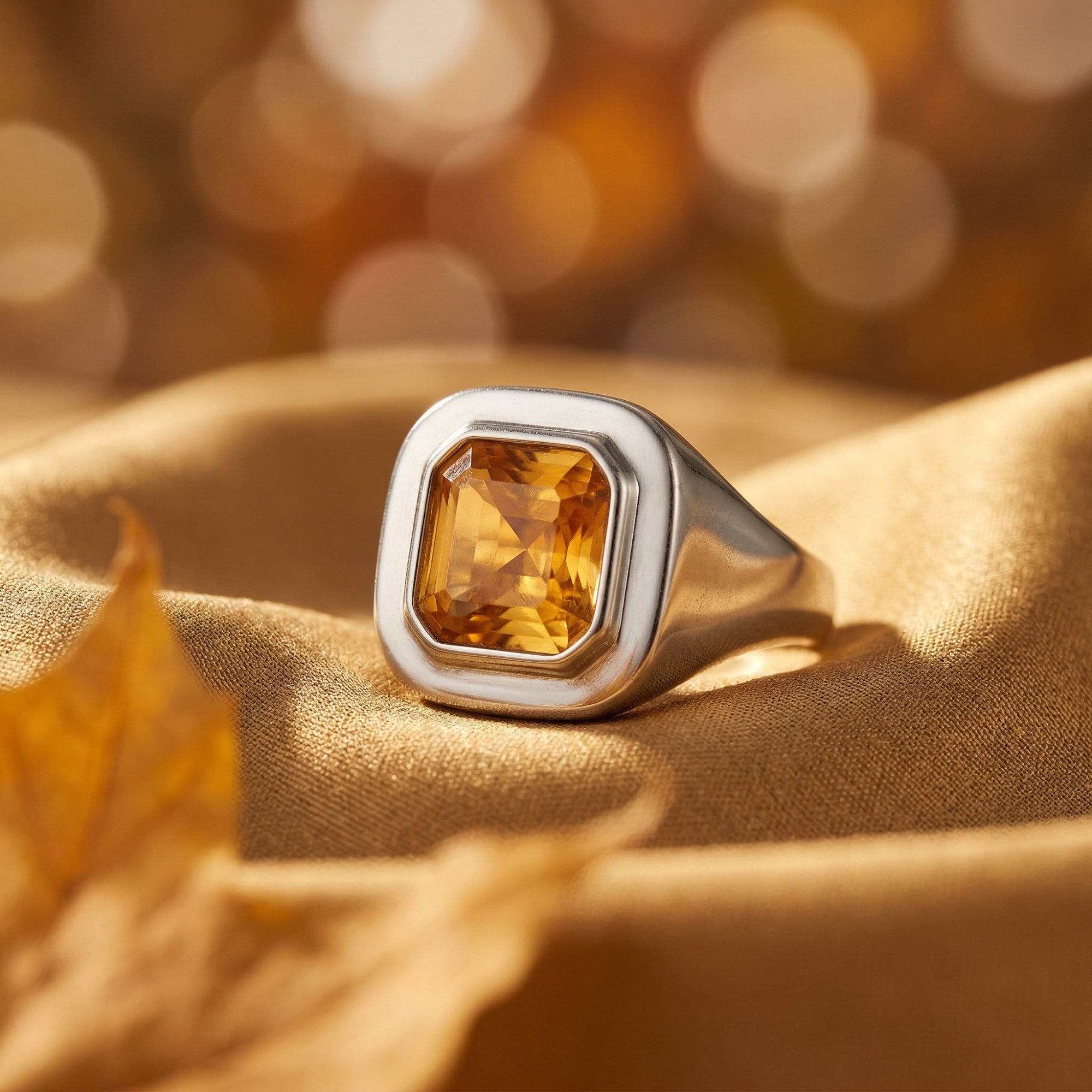Macro view of the faceted Asscher-cut natural citrine stone in a silver setting on a golden fabric background.