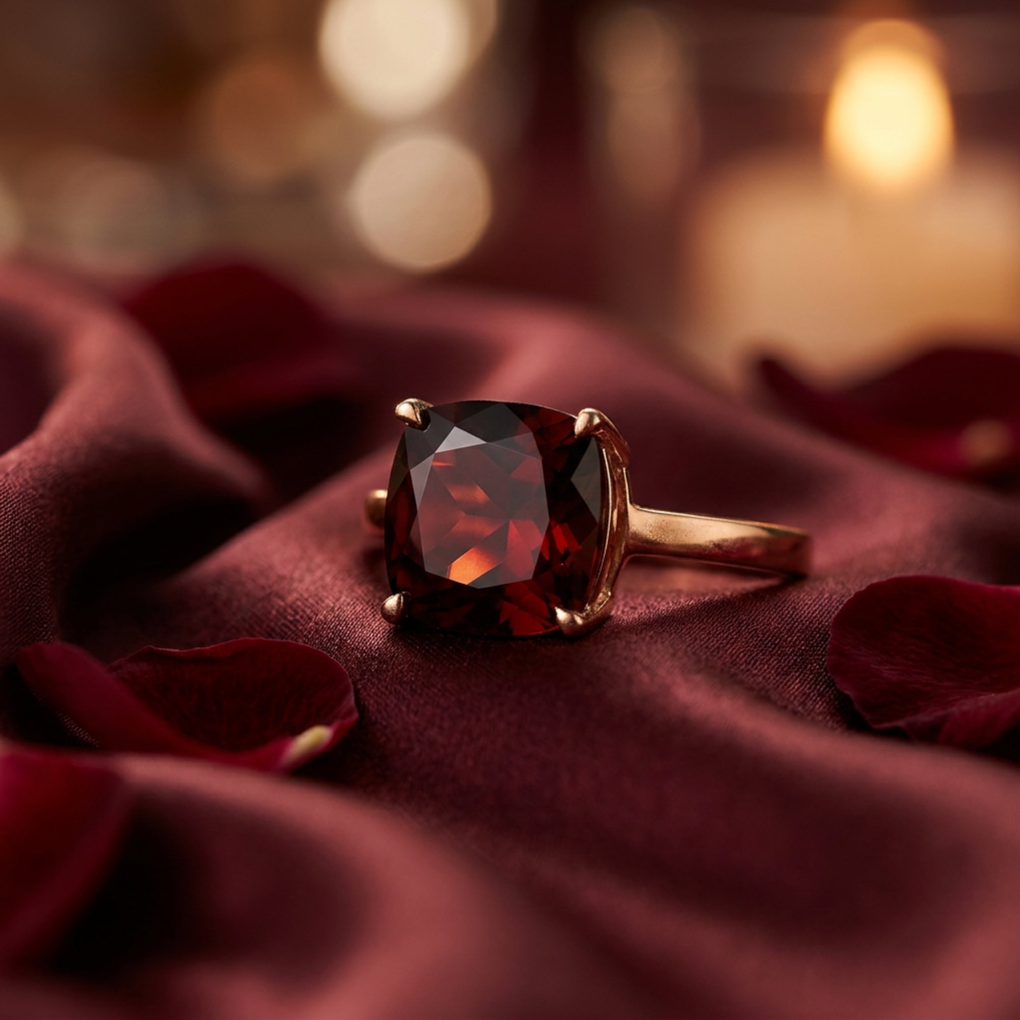 4.5 carat cushion cut garnet ring in 18K rose gold resting on burgundy silk surrounded by rose petals.