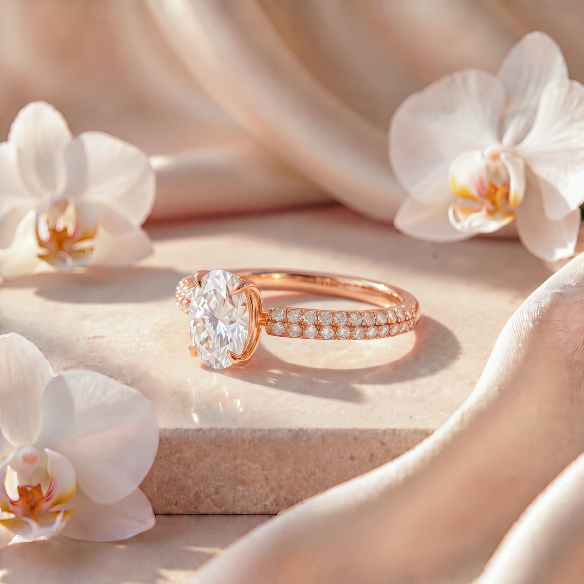 Side profile view of gold oval moissanite engagement ring with double-row pavé band.