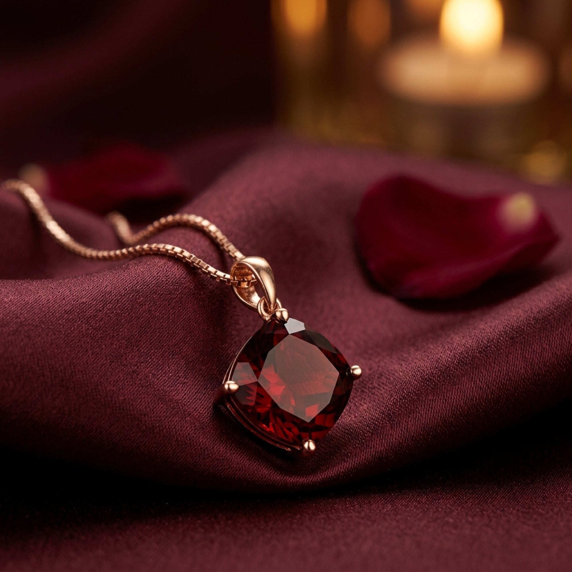 Macro detail of the 8-carat cushion cut garnet pendant and 18K rose gold prongs on a burgundy silk surface.