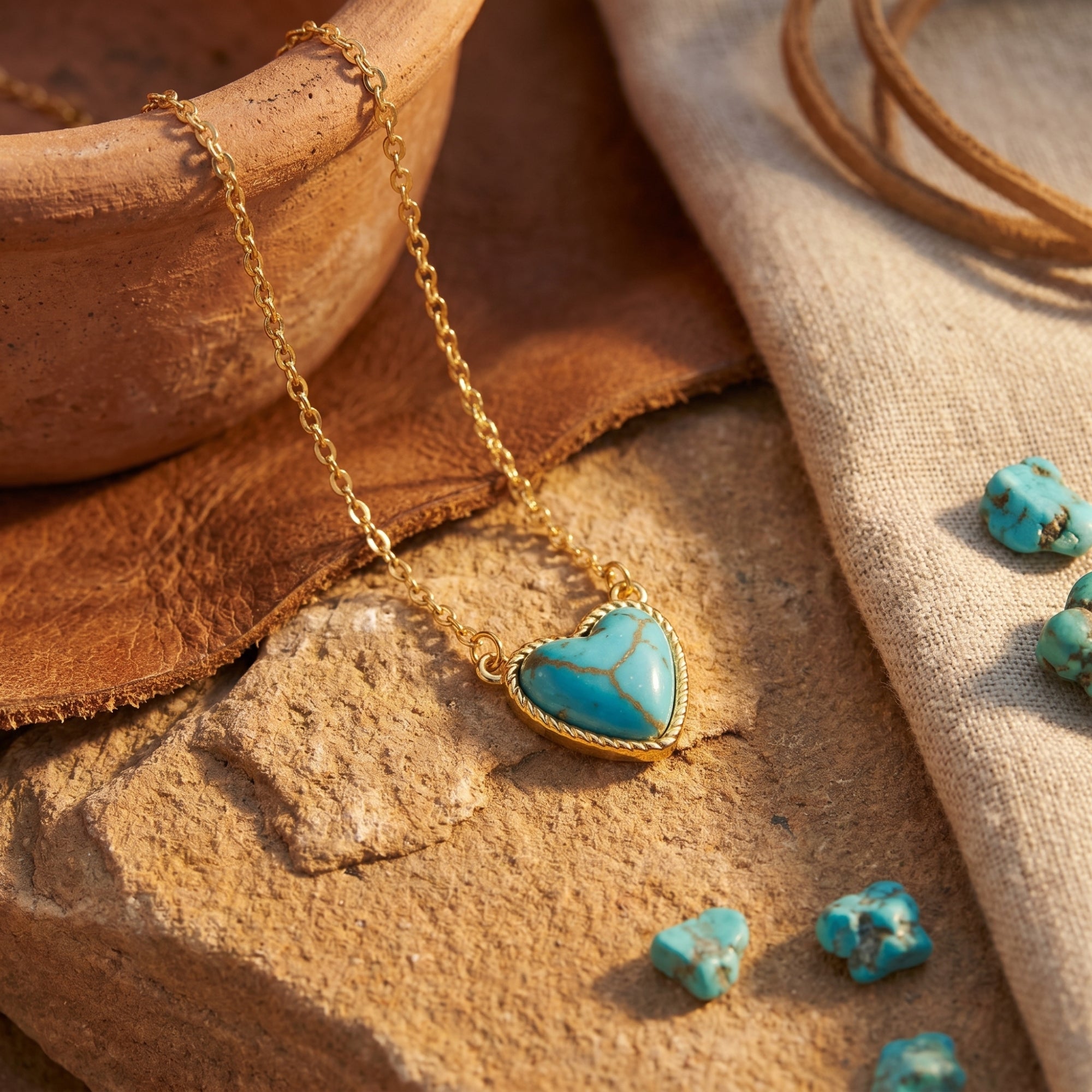 Close-up of the gold heart-cut turquoise necklace pendant resting on a stone with Southwestern props.