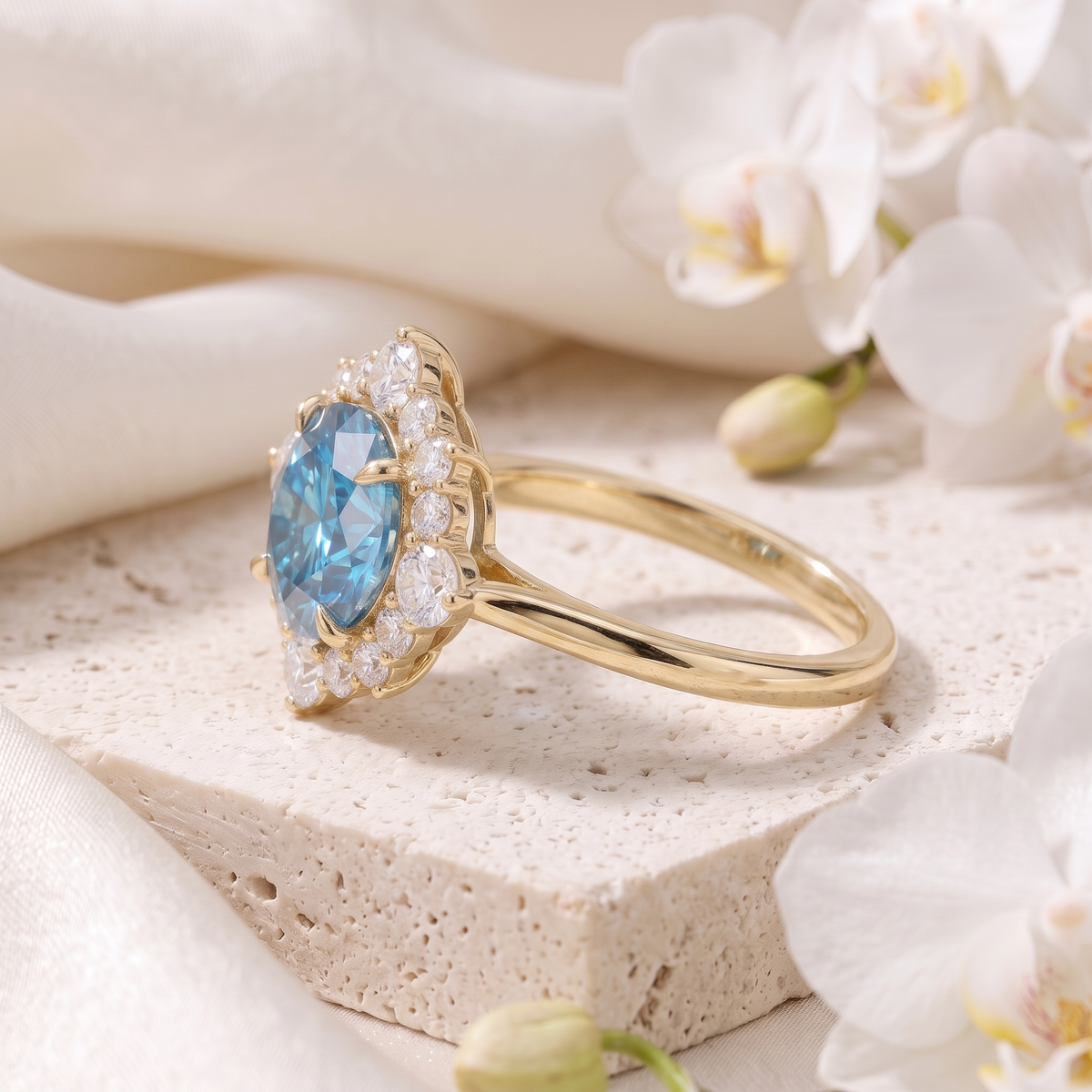 Side angle view of a round blue moissanite halo engagement ring in rose gold.
