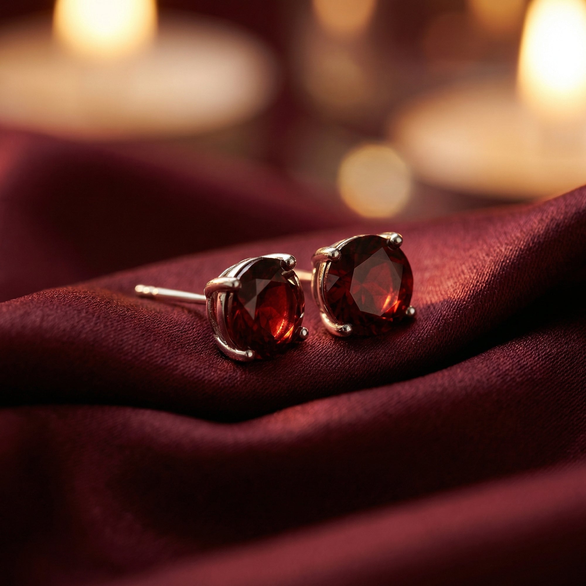 Macro view of two round-cut garnet stud earrings in 18K white gold on a textured maroon silk background.