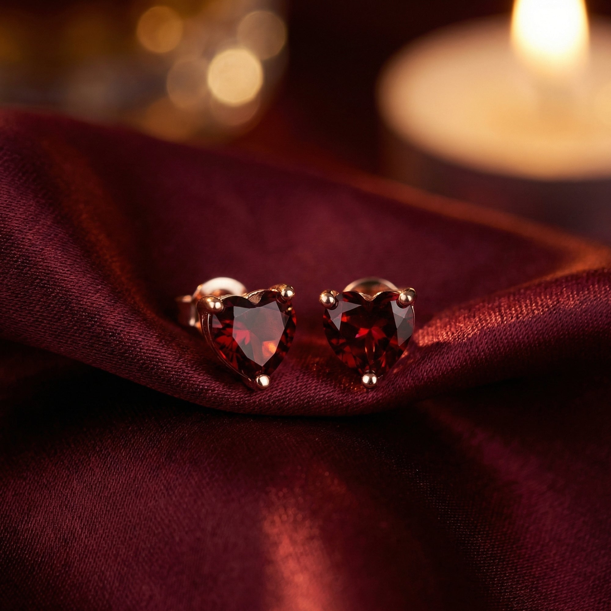 Pair of 18K rose gold heart stud earrings with natural red garnets displayed on burgundy silk.