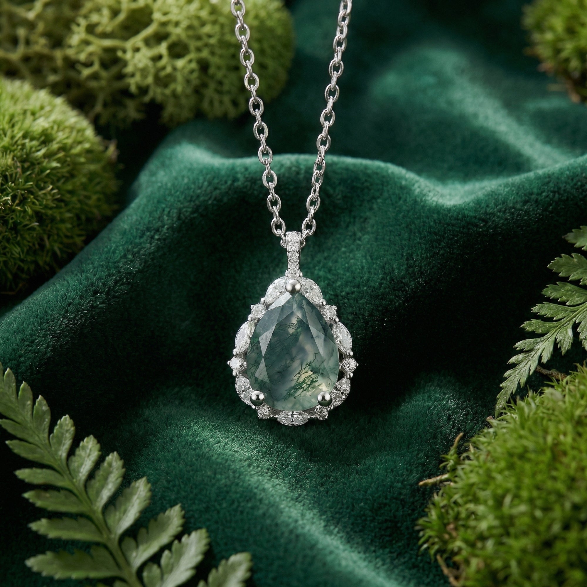 Close-up of a faceted teardrop moss agate pendant with a silver halo setting on a green velvet background.