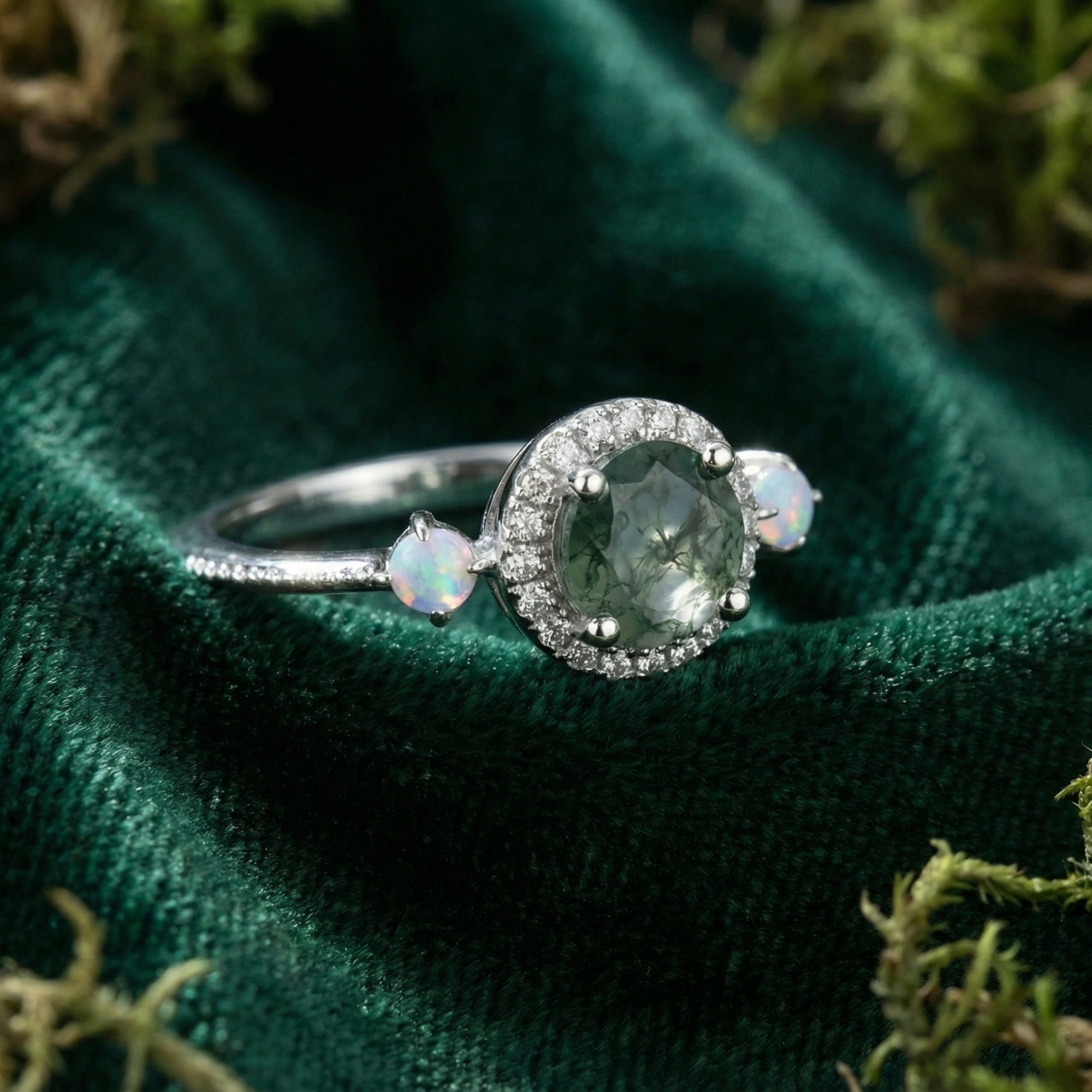 ヘイロー ラウンドカット 天然モスアゲート オパールセントリング - S925 スターリングシルバー