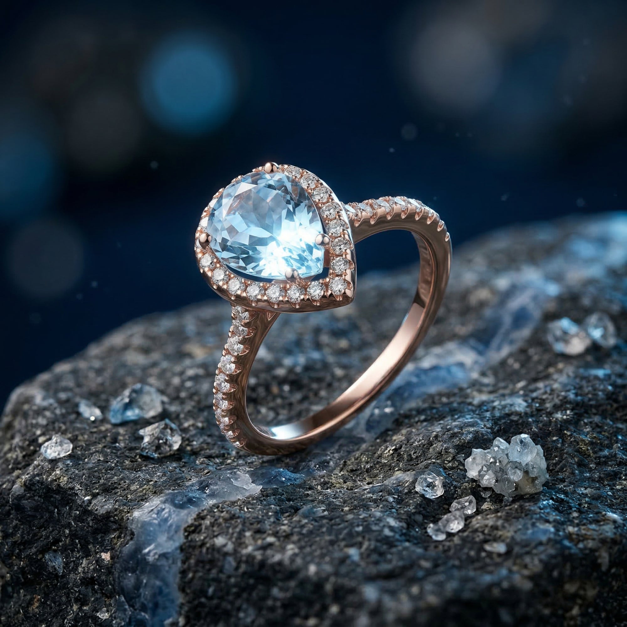 Macro view of the pear cut natural topaz ring in rose gold vermeil, highlighting the halo and pavé band details.