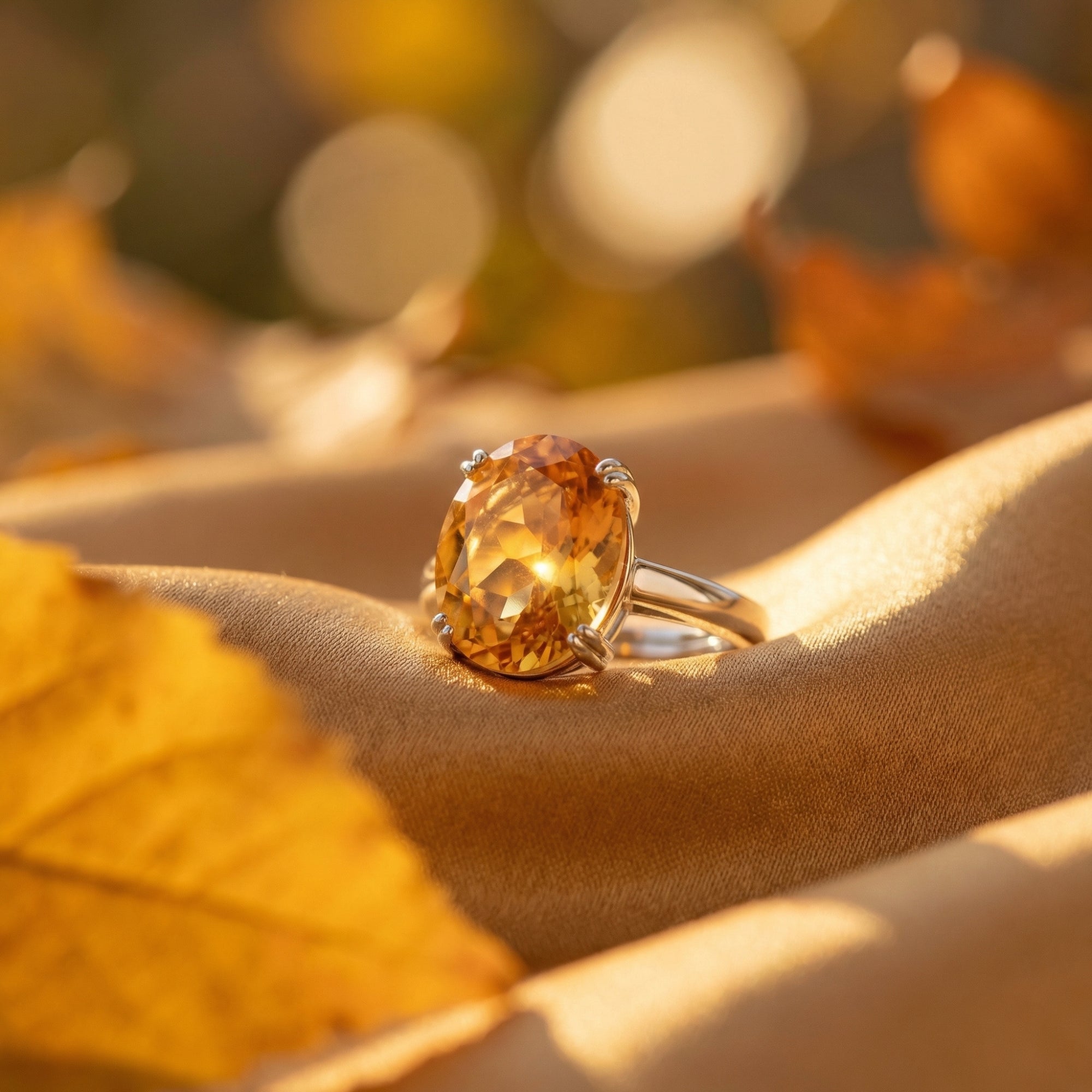 Macro shot of a faceted 11x15mm oval natural citrine in a sterling silver prong setting.