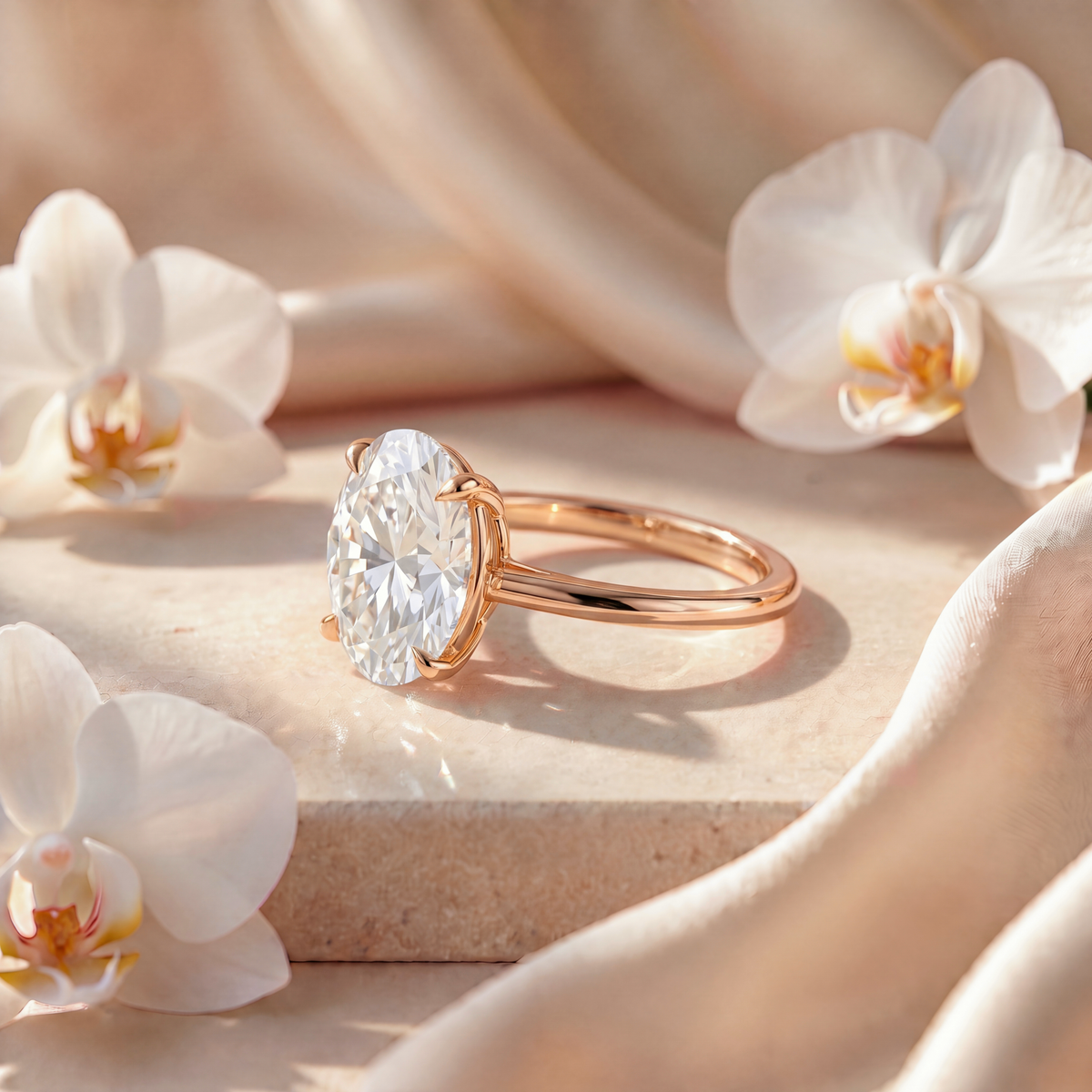 Side profile view of an oval-cut moissanite solitaire engagement ring in yellow gold.
