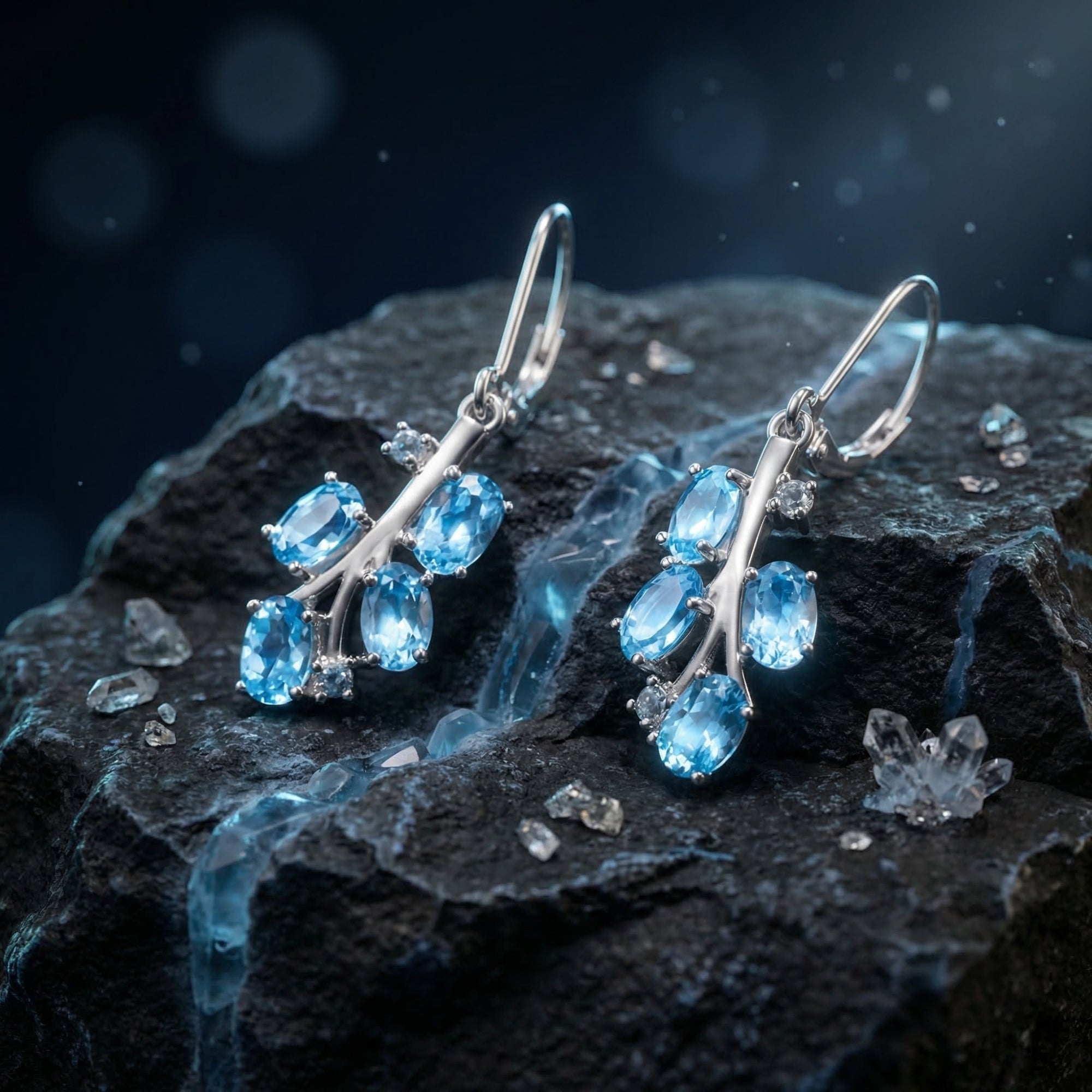 Pair of silver-toned drop earrings with oval-cut Swiss blue topaz clusters displayed on a dark rock.