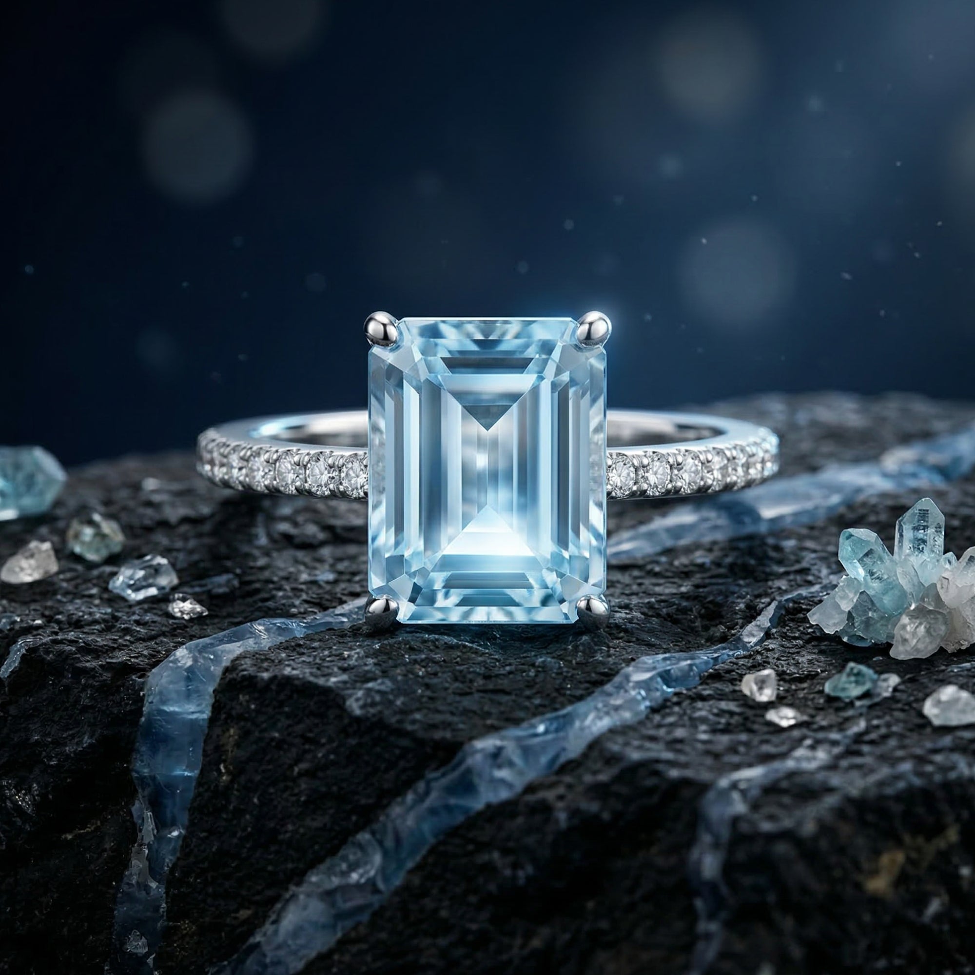 Macro view of the emerald cut Swiss Blue topaz and pavé sterling silver band on a dark background.
