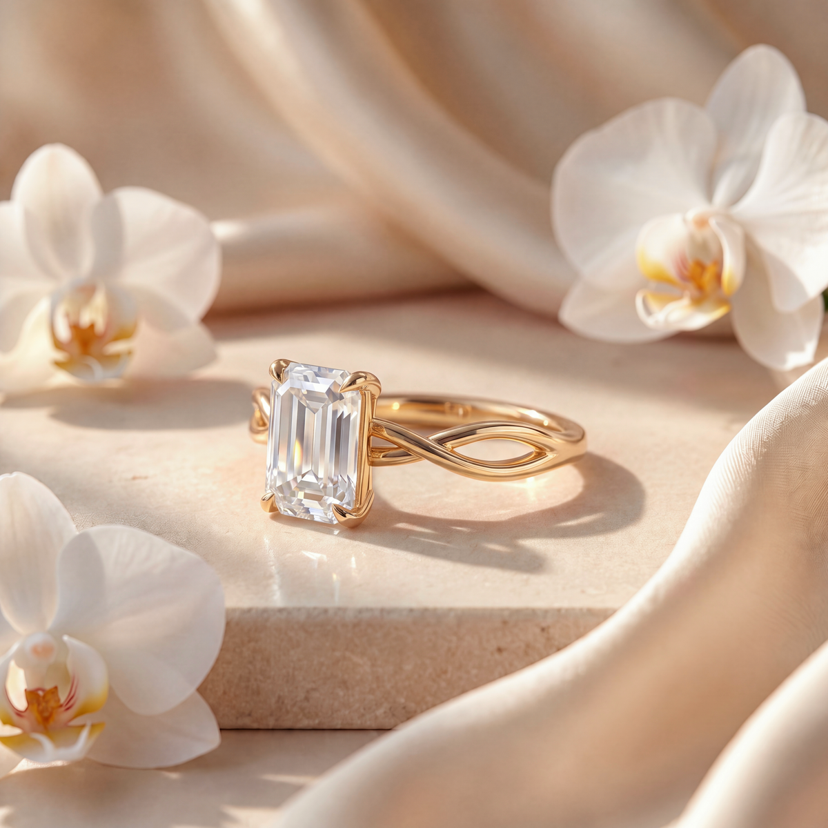 Side view showing the details of a yellow gold emerald cut moissanite ring with a twisted shank.