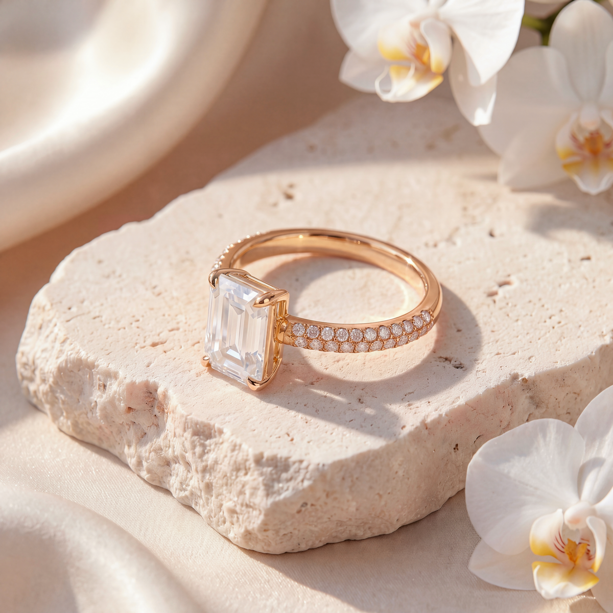 Angled view of a gold emerald-cut moissanite engagement ring with double-row pavé band on stone.