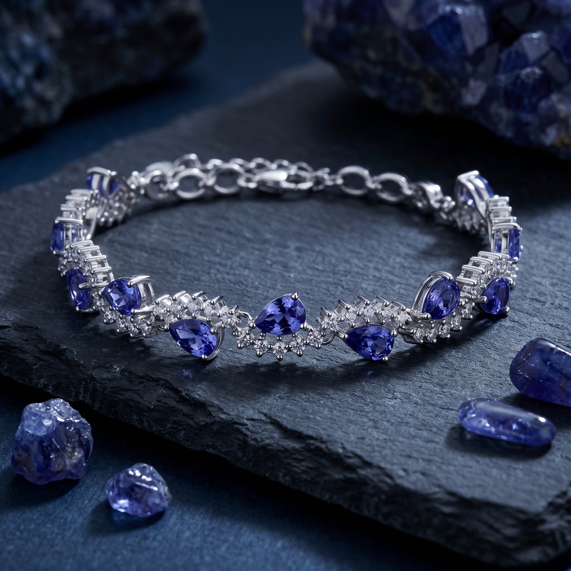 Close-up of pear cut tanzanite stones in a silver tennis bracelet setting on a dark stone surface.