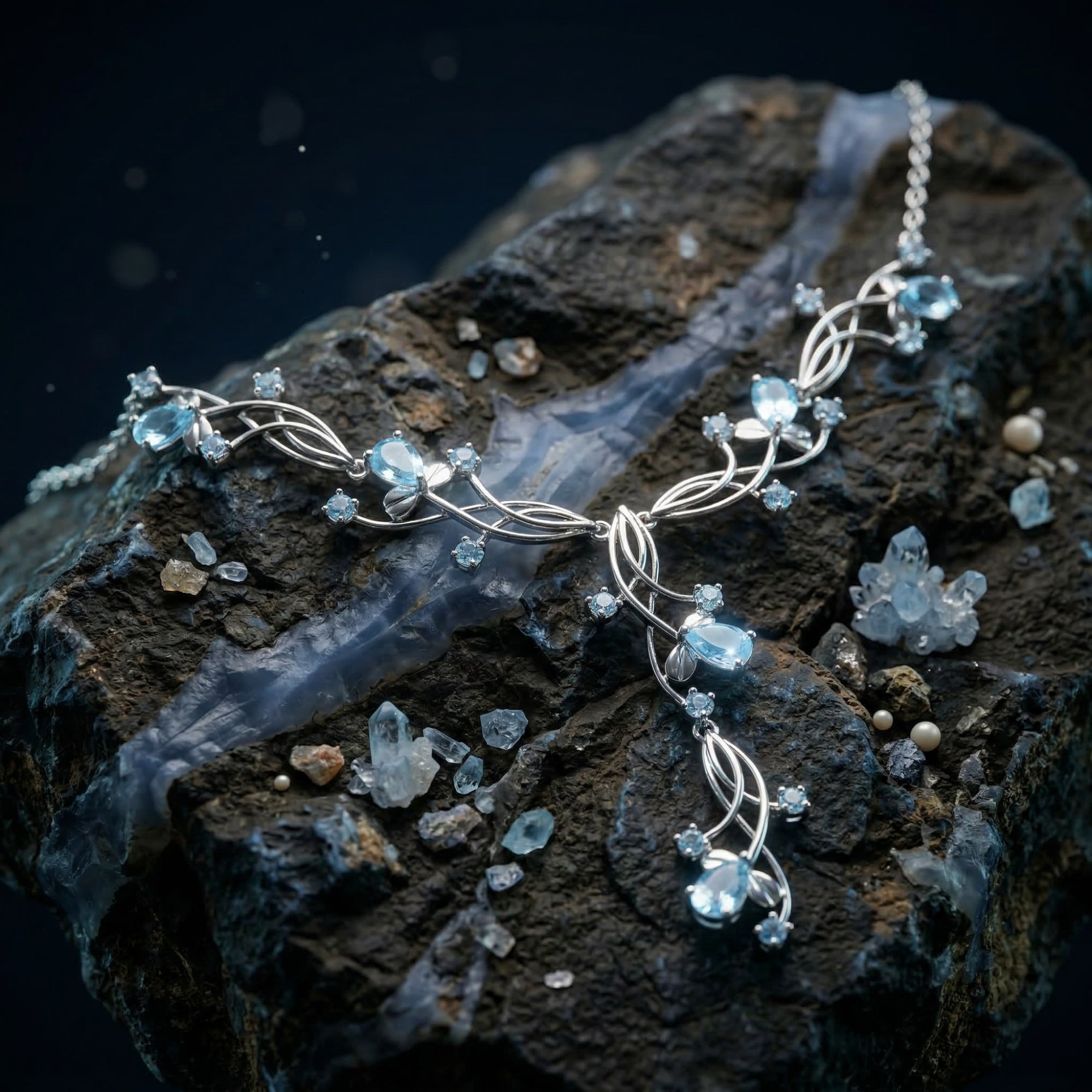 Detailed view of the Loredana silver necklace with pear-cut natural blue topaz stones on a textured mineral rock.