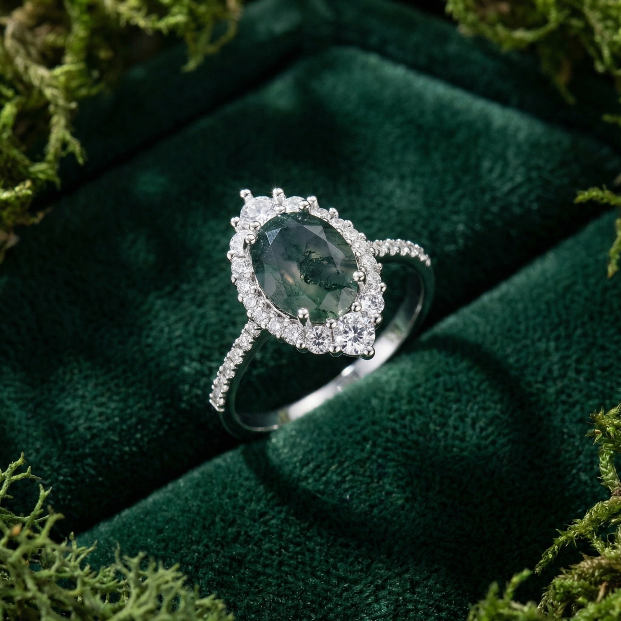 Side angle of an oval moss agate halo ring in silver, showing the pavé band and setting on green velvet.