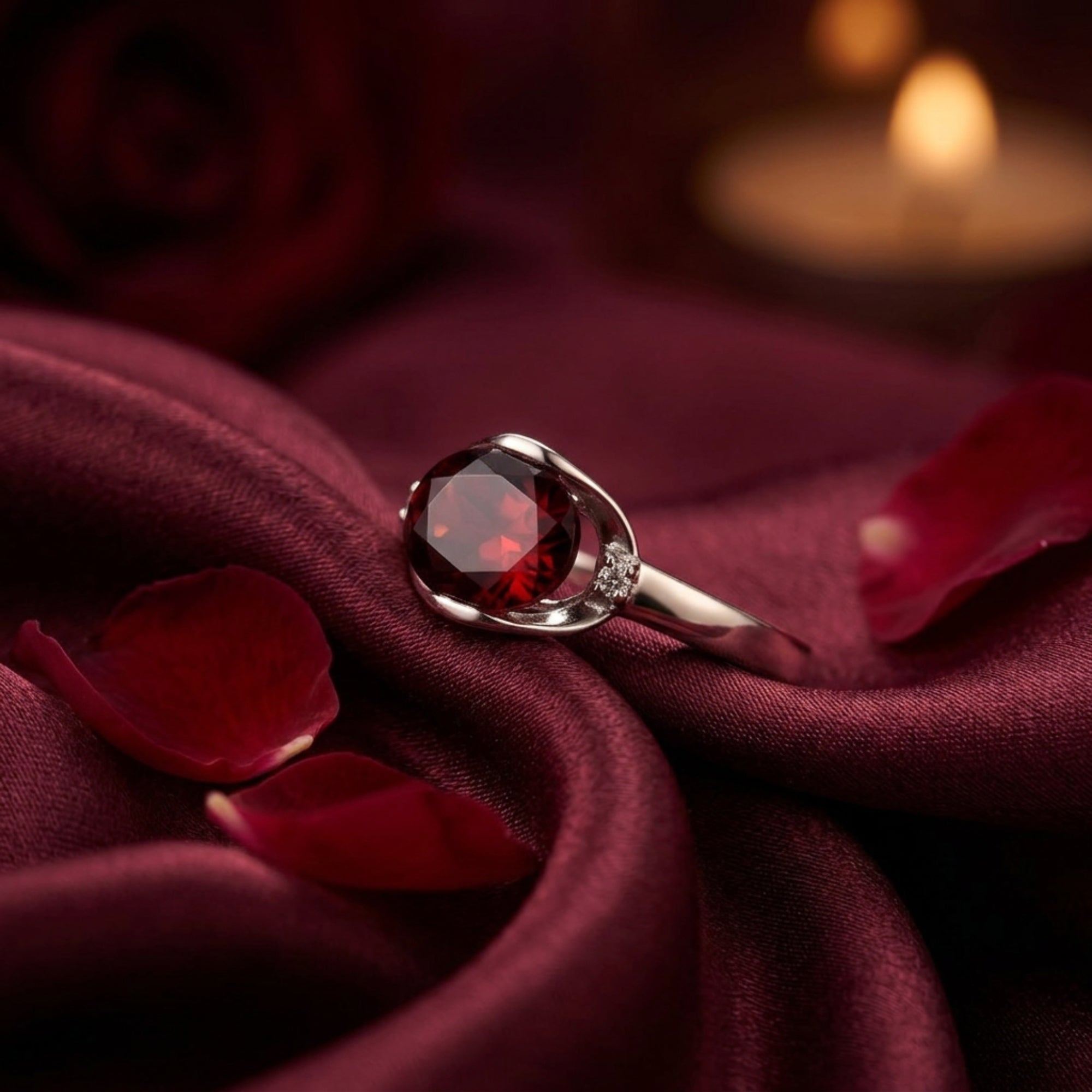 Close-up of the oval natural garnet and sterling silver setting of the Florenza statement ring.