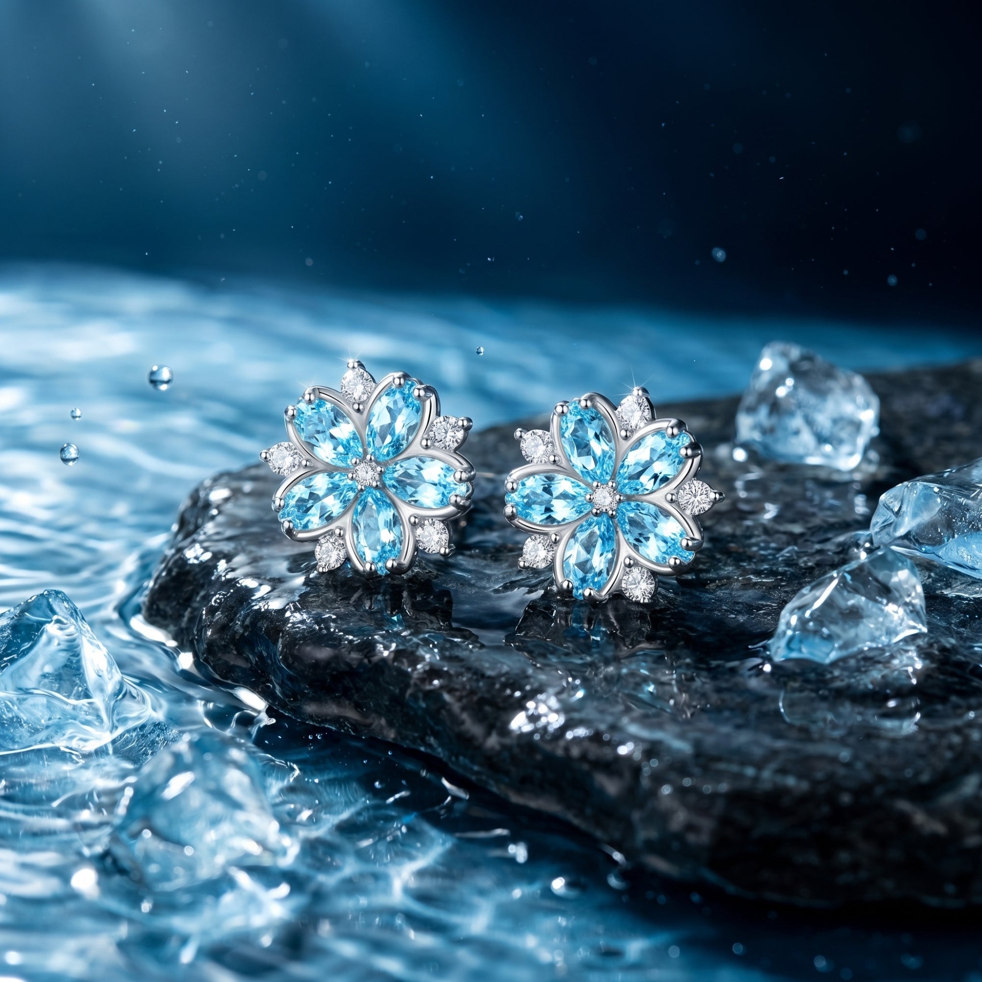 Sterling silver flower earrings with marquise aquamarine stones on a wet rock with water splashes.