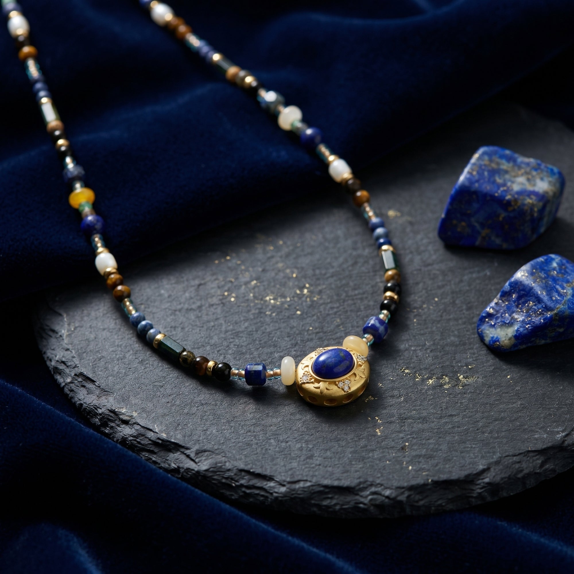 Close-up of the gold plated pendant with an oval lapis lazuli cabochon on a beaded gemstone necklace.