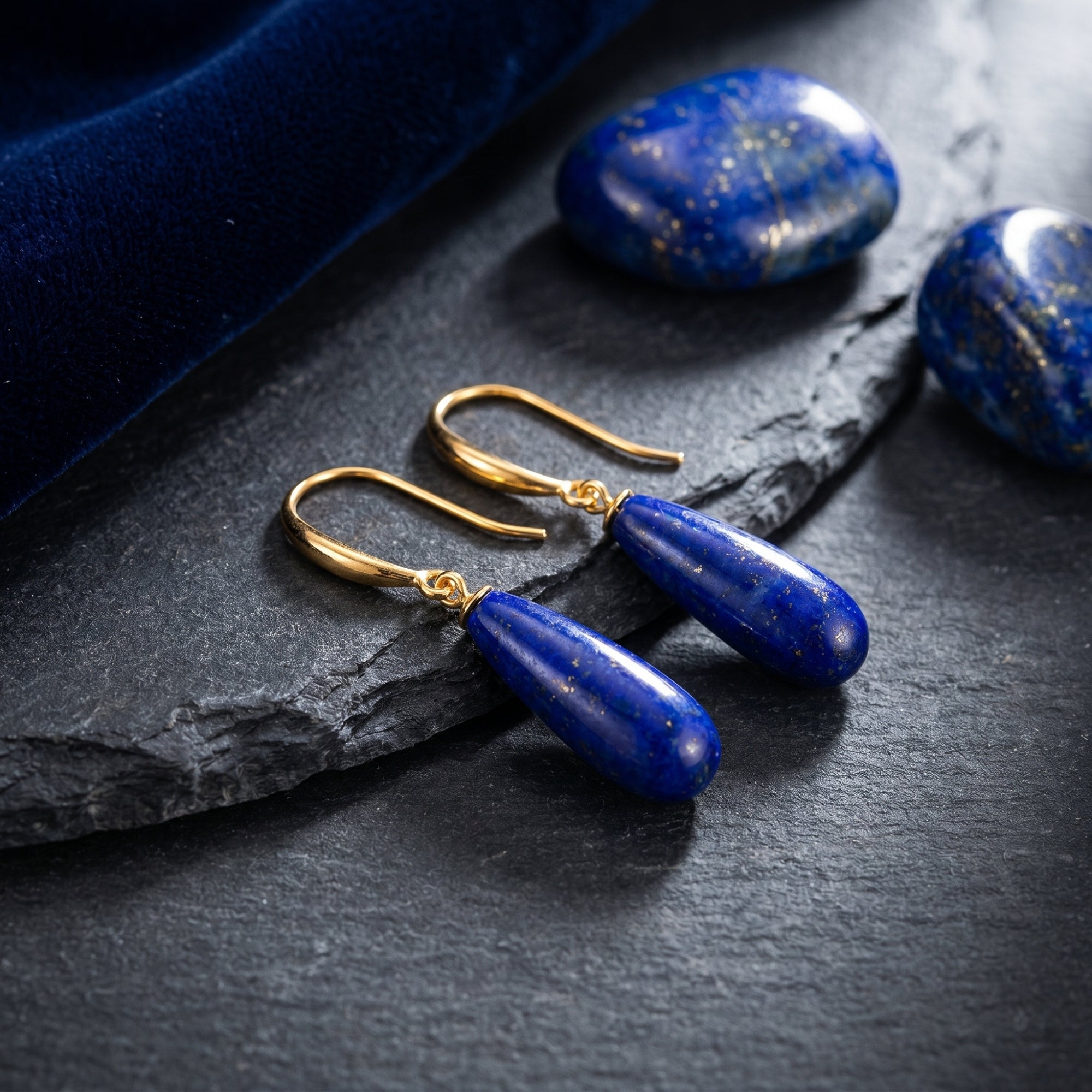 Macro view of pear-cut natural lapis lazuli drop earrings with 18K gold plated hooks on a slate background.
