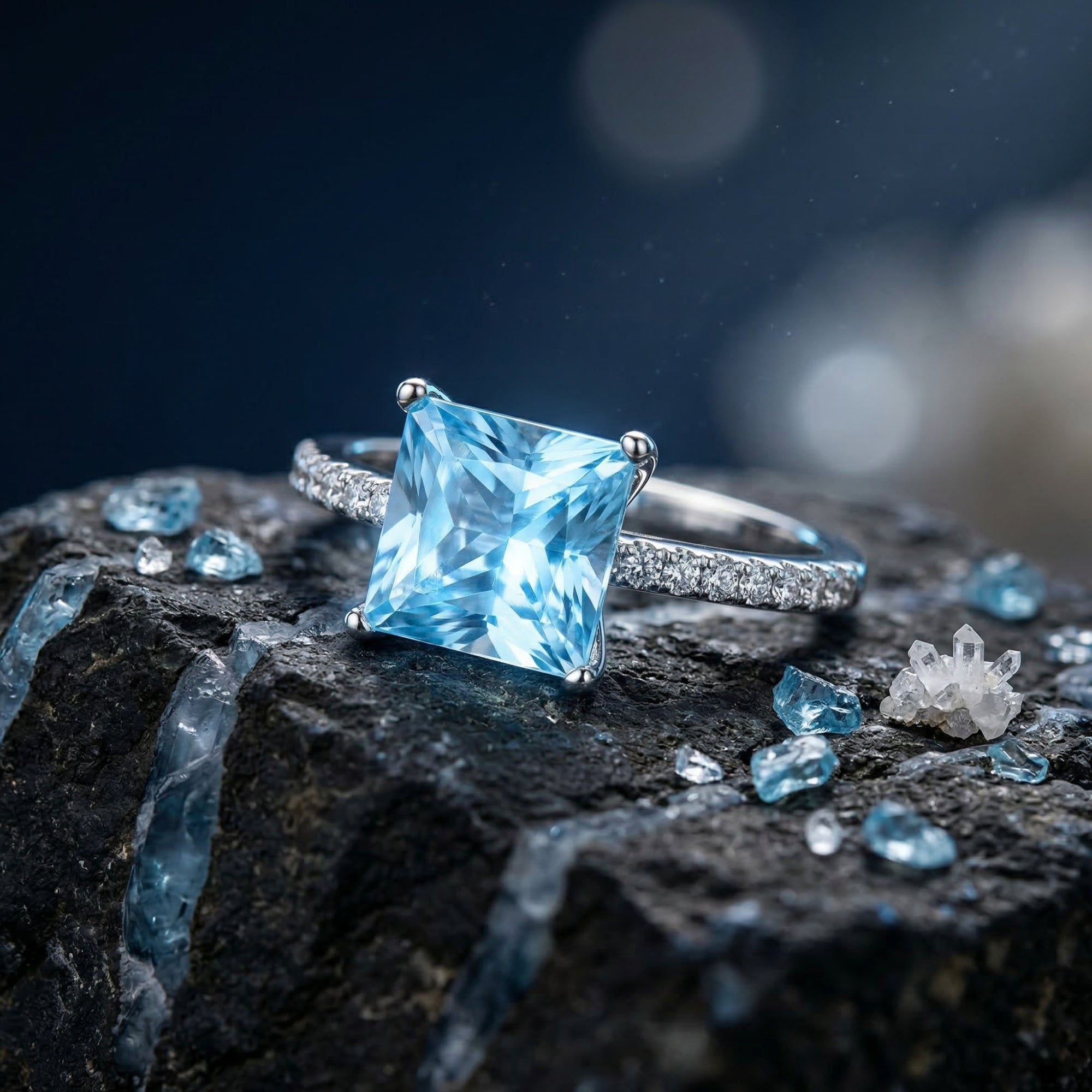 Close-up of the princess cut natural blue topaz and pavé set sterling silver band on a dark stone.