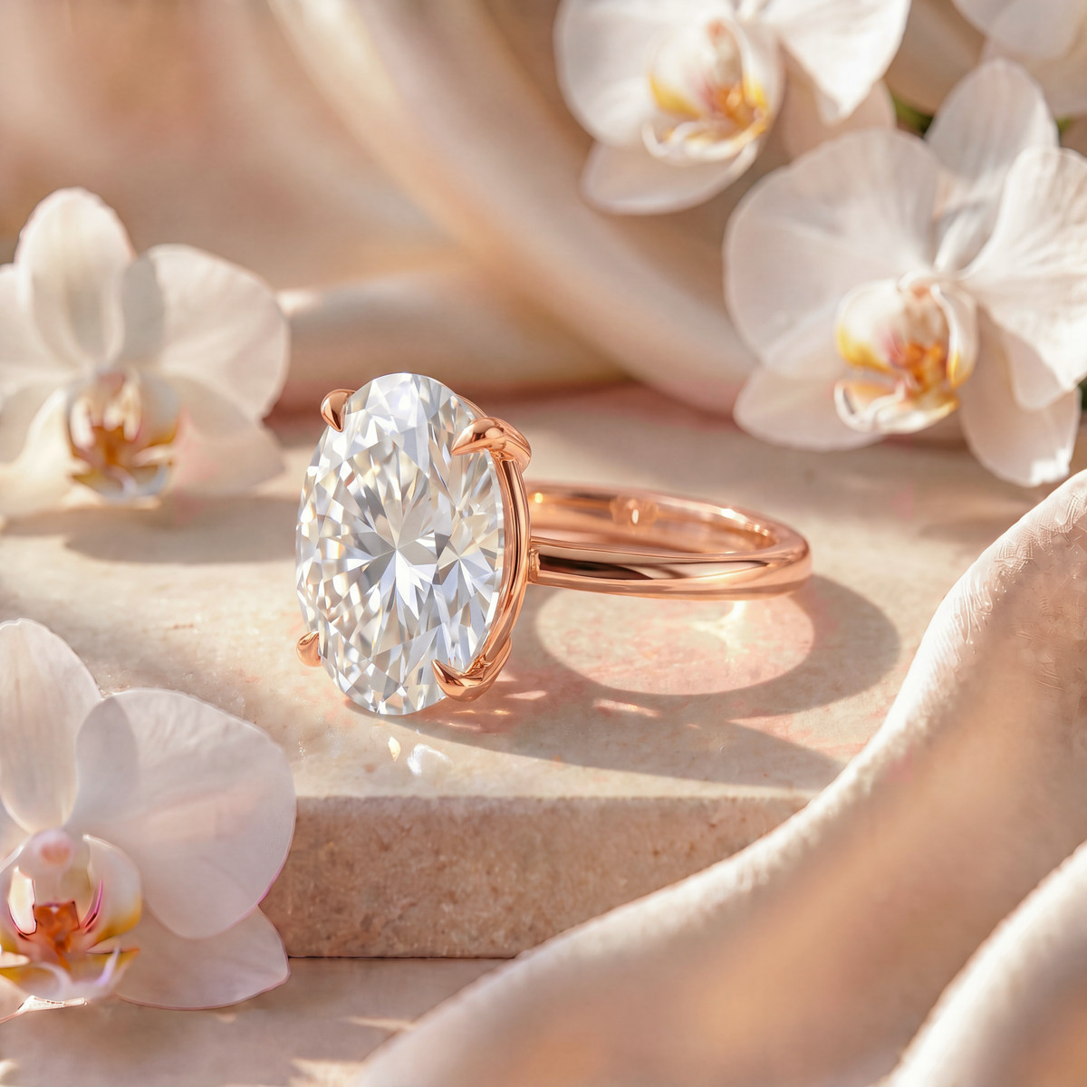 Perspective side view of a solitaire oval moissanite ring in yellow gold highlighting the claw prong setting.