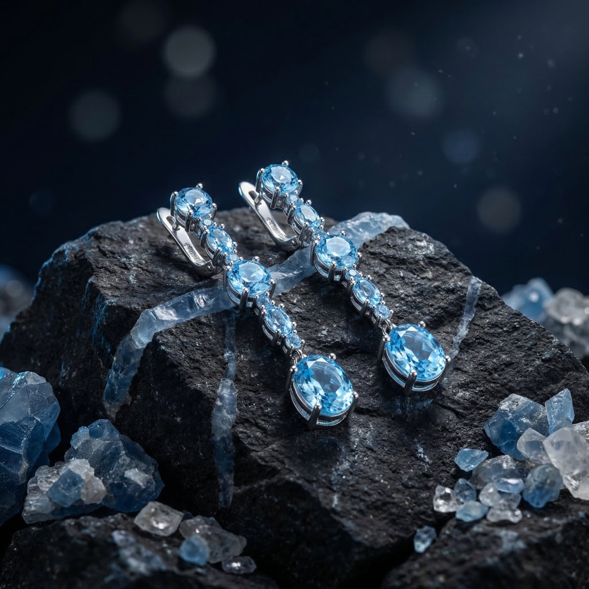 Pair of silver drop earrings with faceted round and oval natural blue topaz on a dark textured rock background.