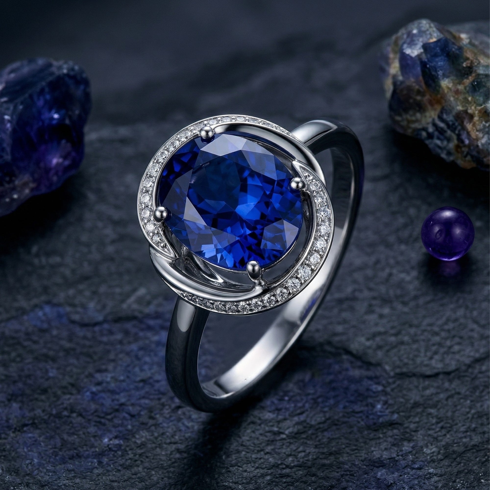 Close-up of an oval tanzanite center stone and diamond halo setting on an 18K white gold band.