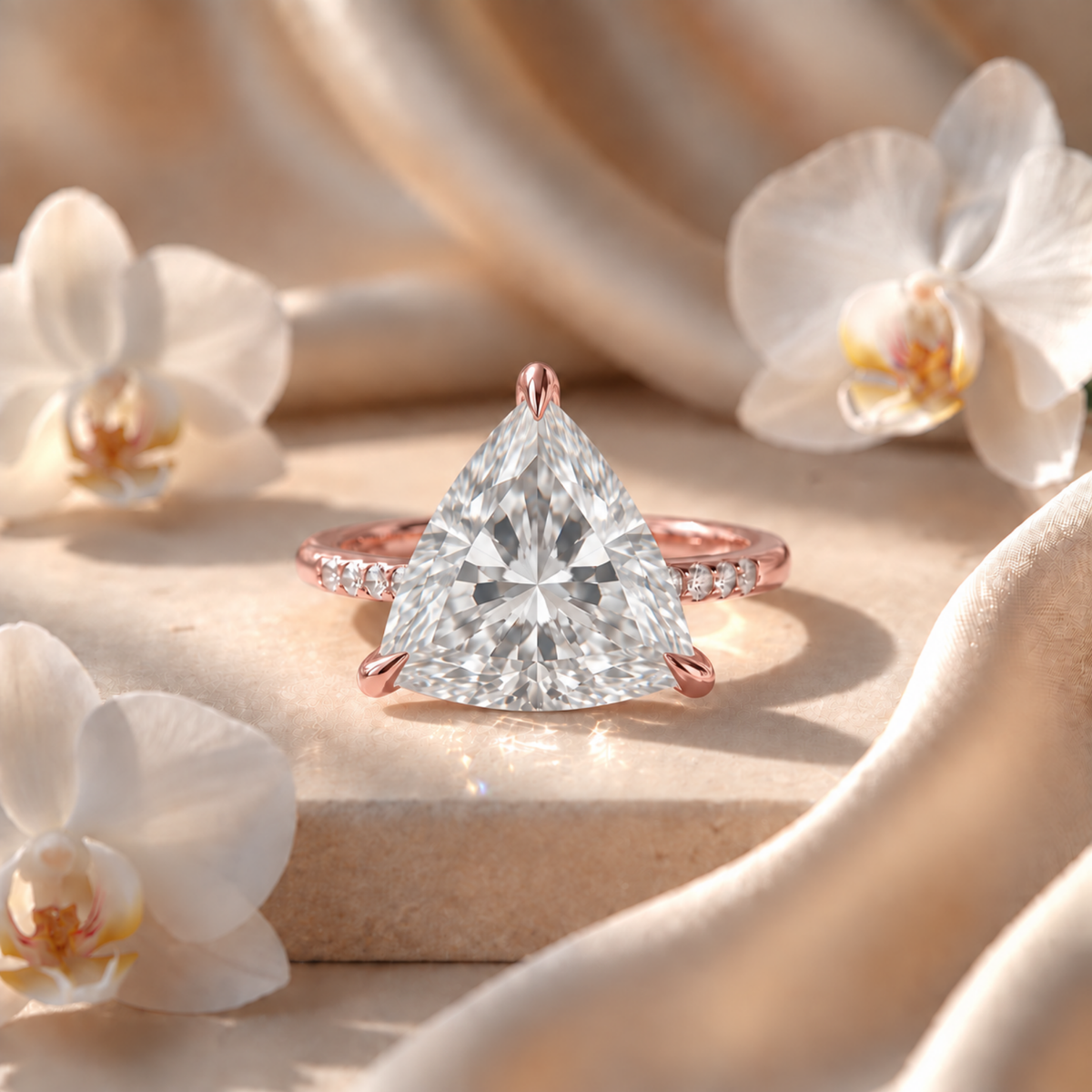 Rose gold engagement ring featuring a trillion-cut moissanite center stone with a pavé band.