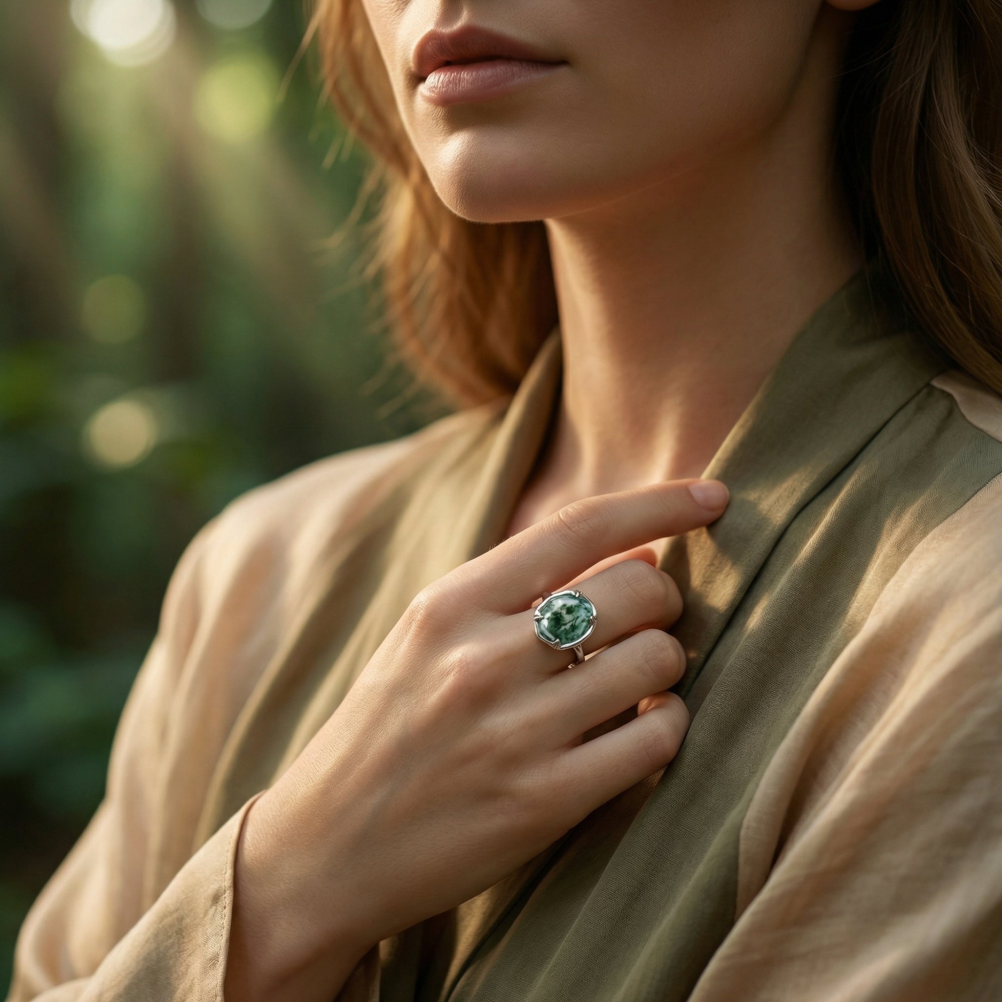Model wearing the natural moss agate sterling silver ring, showcasing its elegant fit in an outdoor setting.