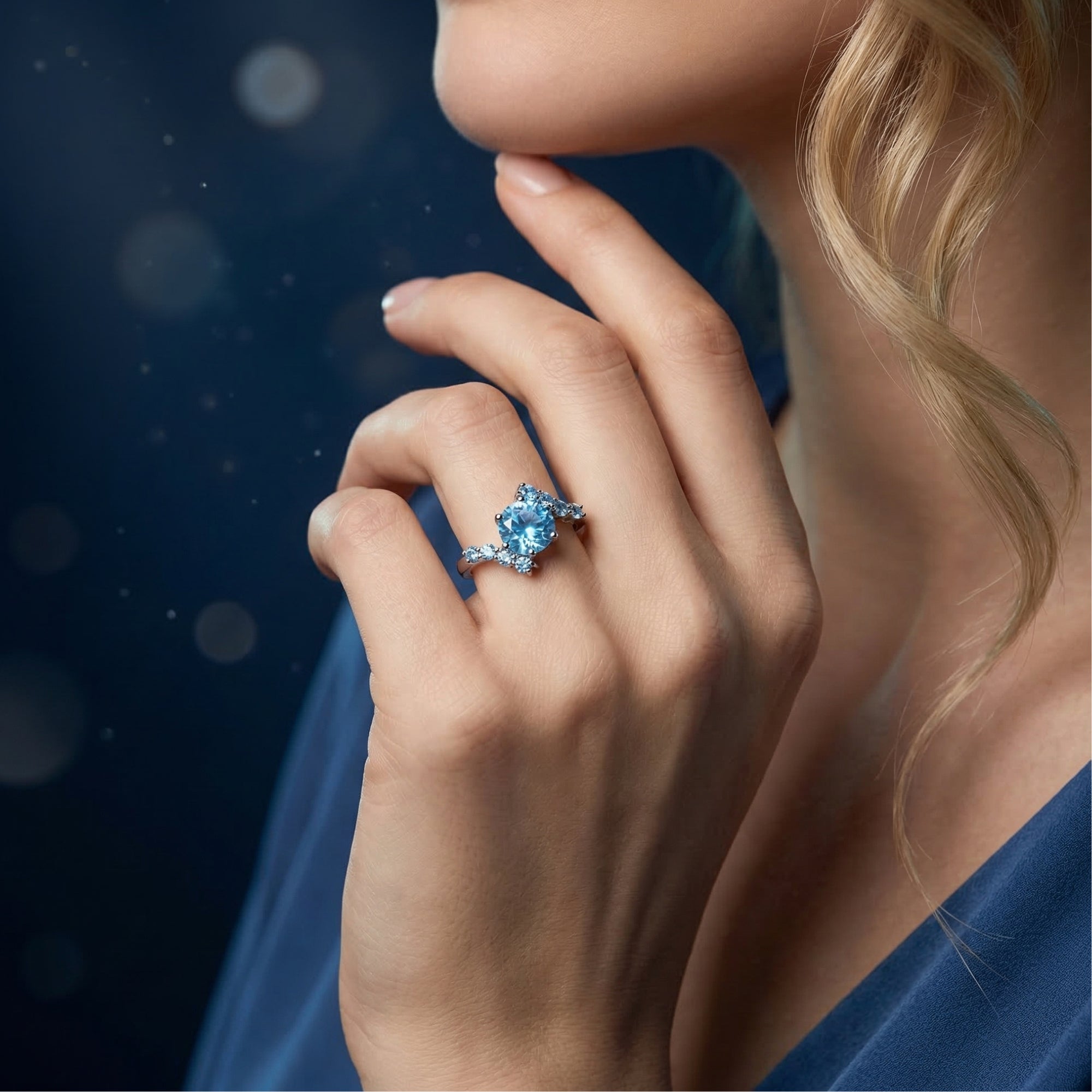 Side view of a woman wearing a round cut natural blue topaz sterling silver ring on her hand.