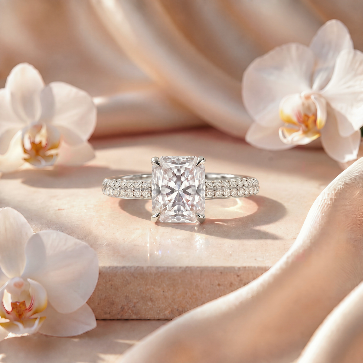 Front view of the radiant-cut moissanite engagement ring in white gold.