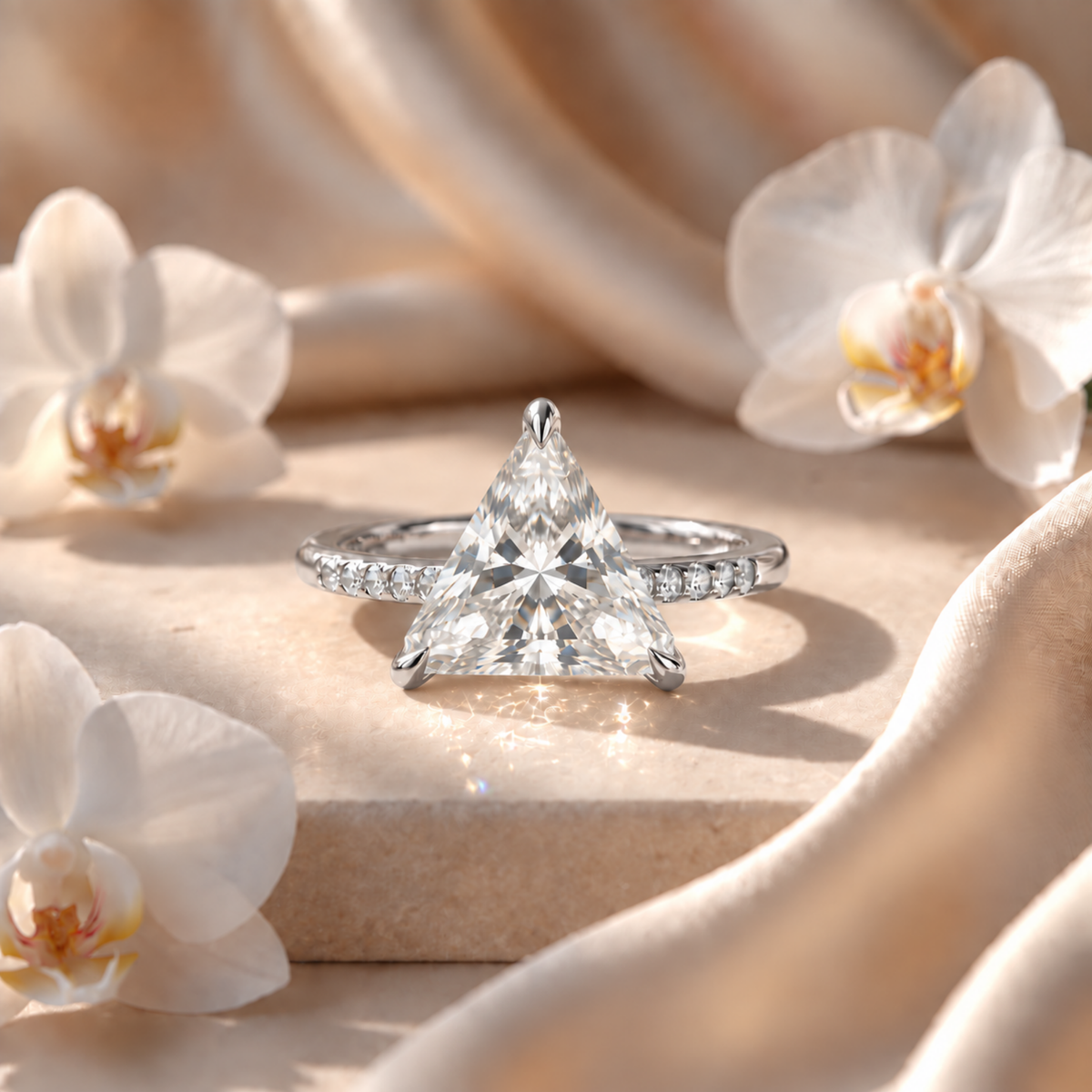 White gold trillion cut moissanite engagement ring with a pave band set on marble.
