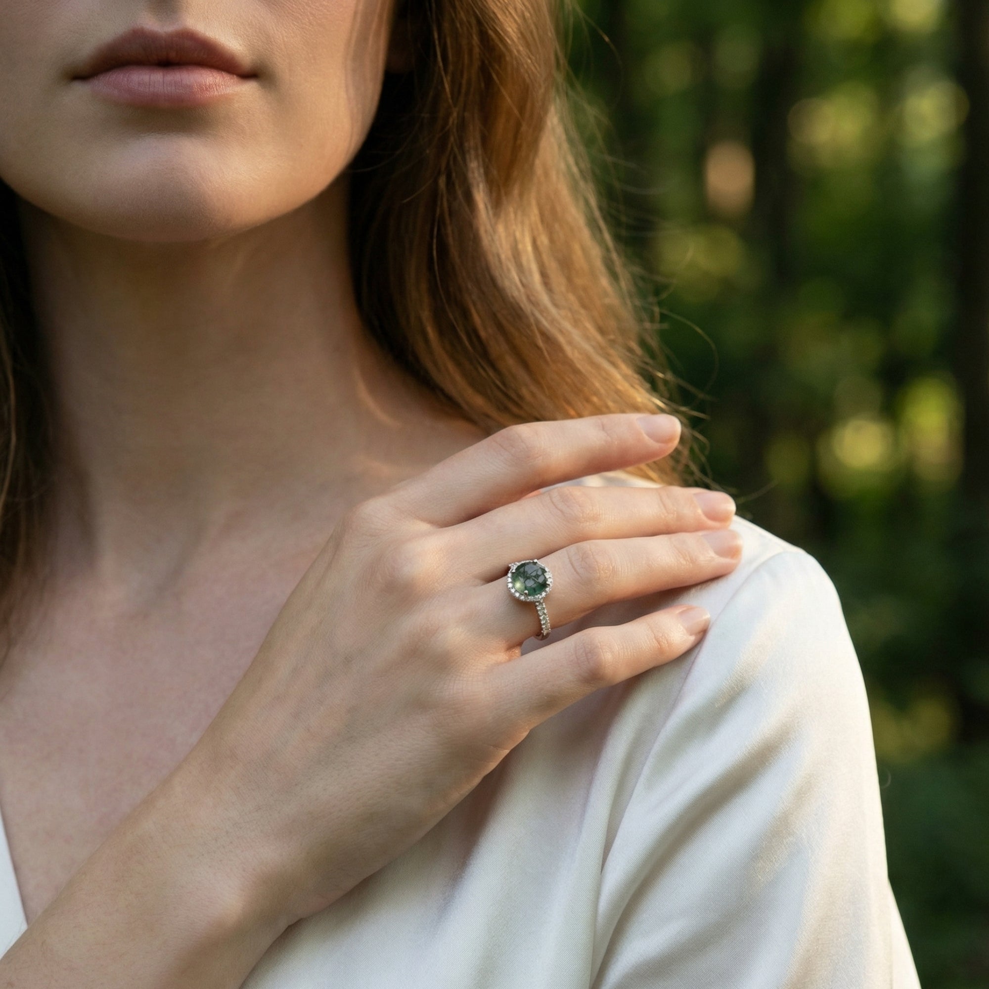 Ovaler Ring aus natürlichem Moosachat und Diamanten – S925 Sterling Silber