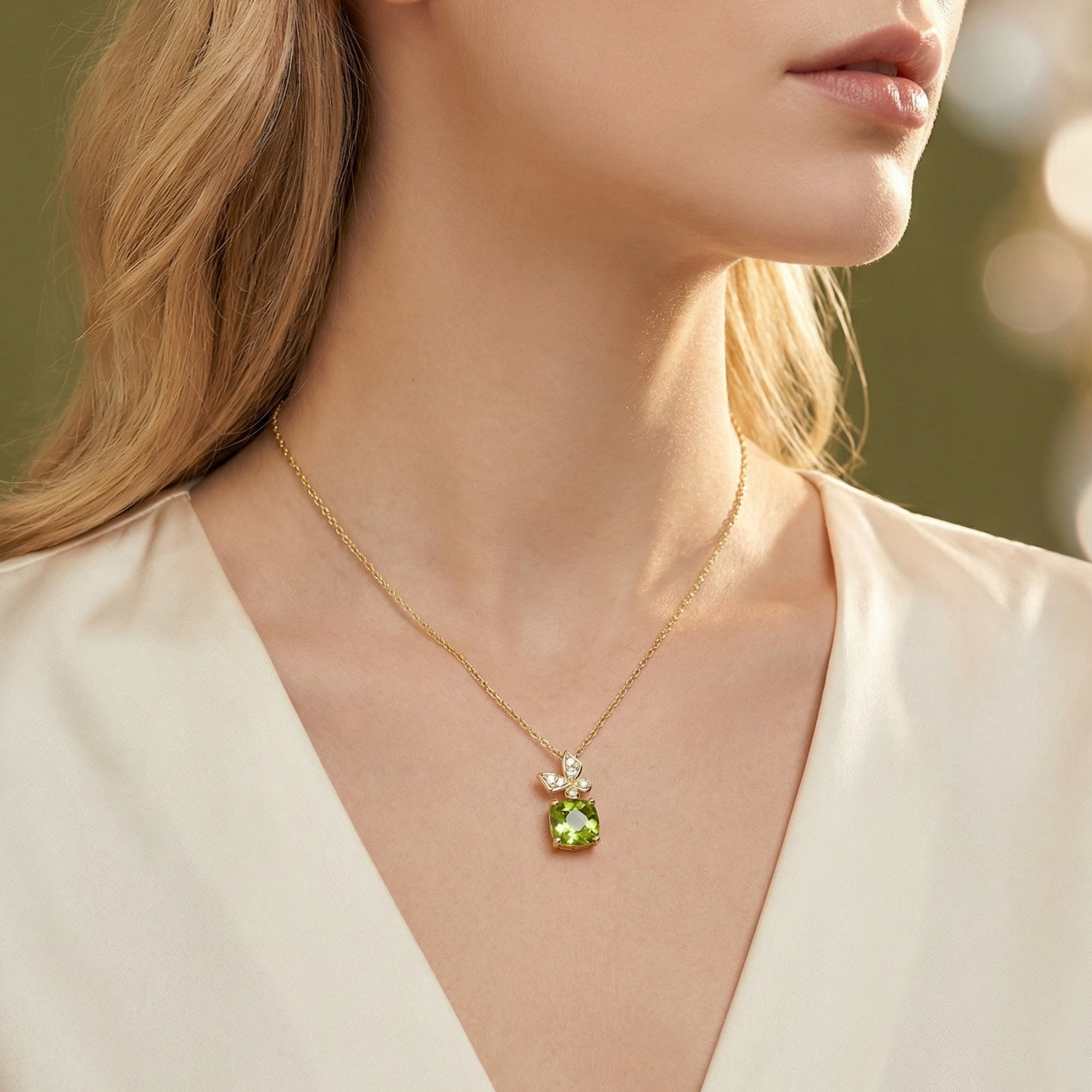 The Talisa cushion cut peridot necklace in 18K gold vermeil worn by a model with a white V-neck top.