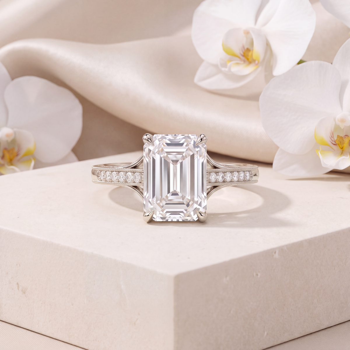 Front view of an emerald-cut moissanite engagement ring with a milgrain split shank in white gold.