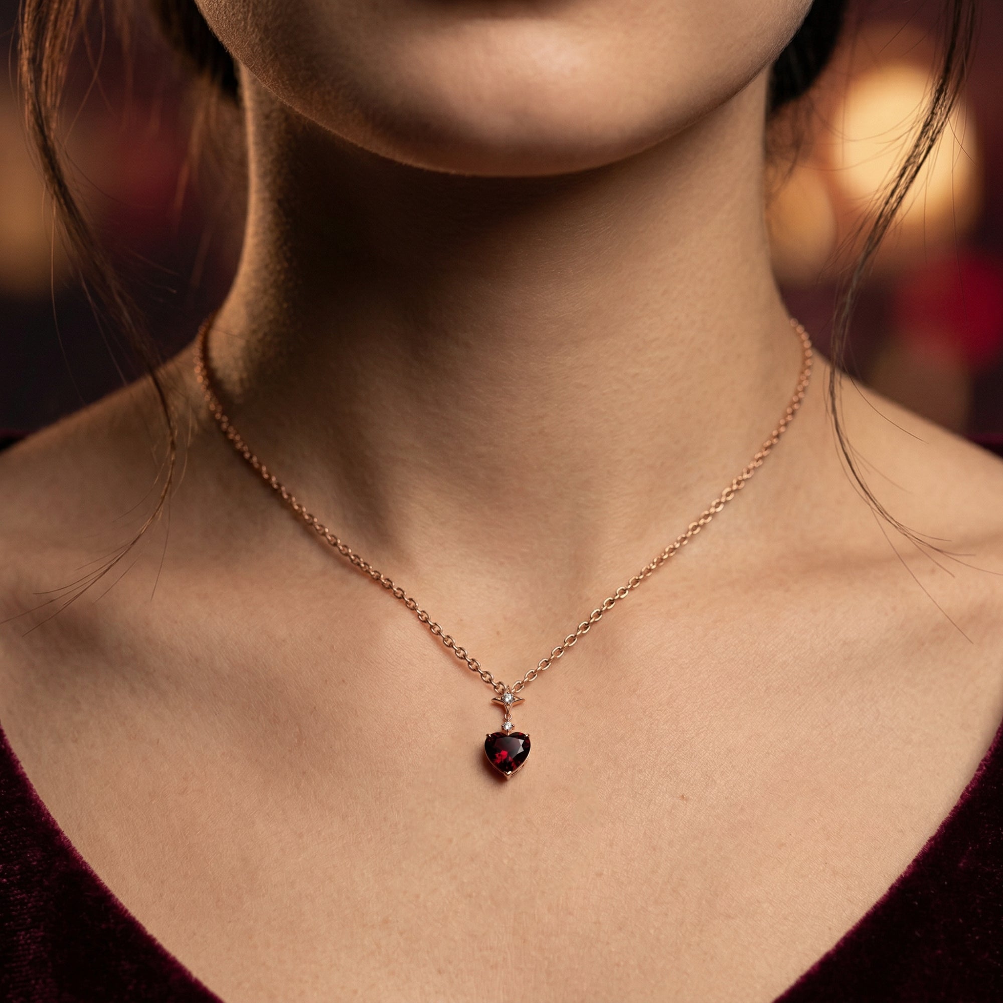 Centered view of a model wearing the 18K rose gold heart-cut red garnet necklace.