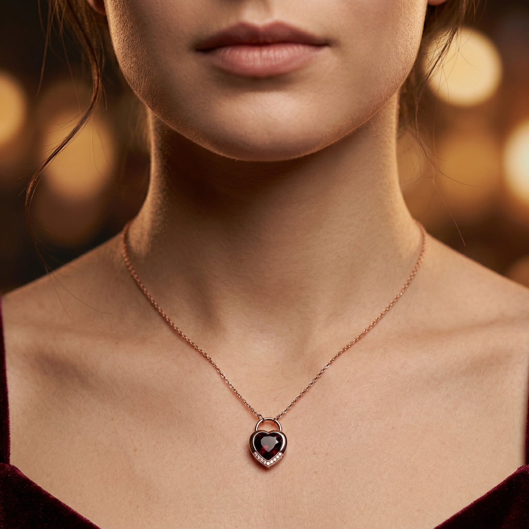 Frontal view of the Juliet heart necklace with a natural garnet in 18K rose gold worn by a woman.
