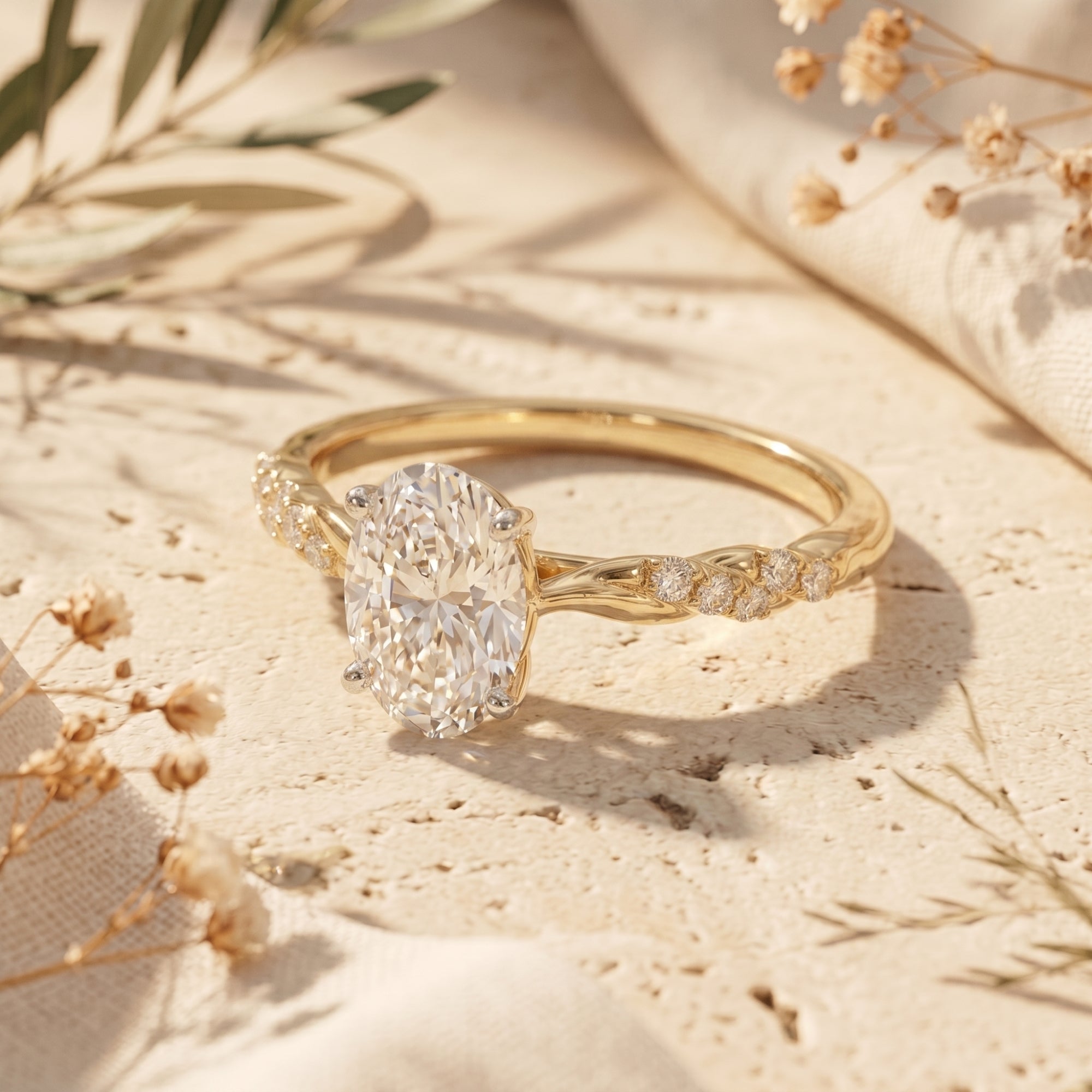 Side view of yellow gold oval moissanite ring on stone.