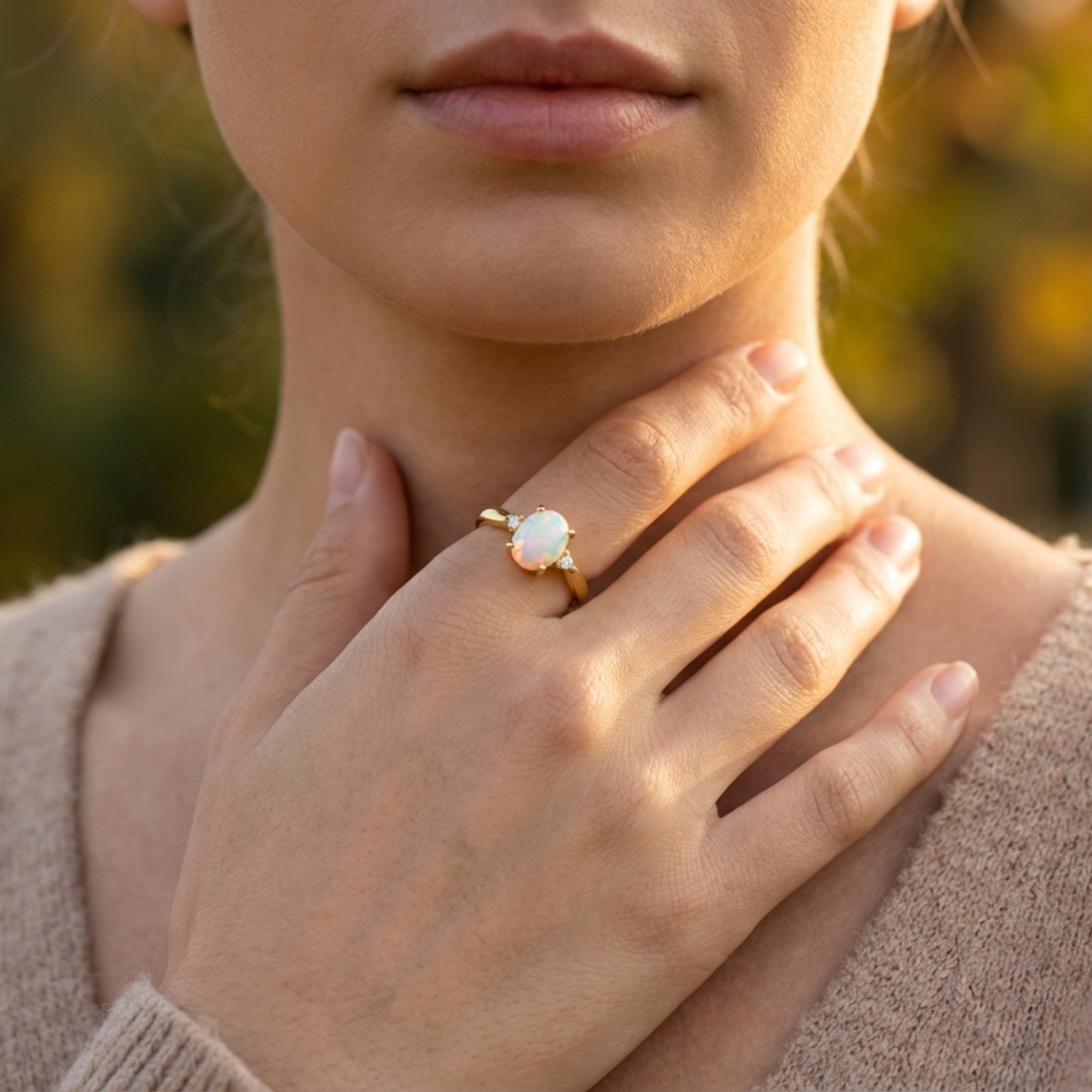 Natural oval opal ring in gold-tone S925 silver worn by a model, highlighting the elegant design and stone.