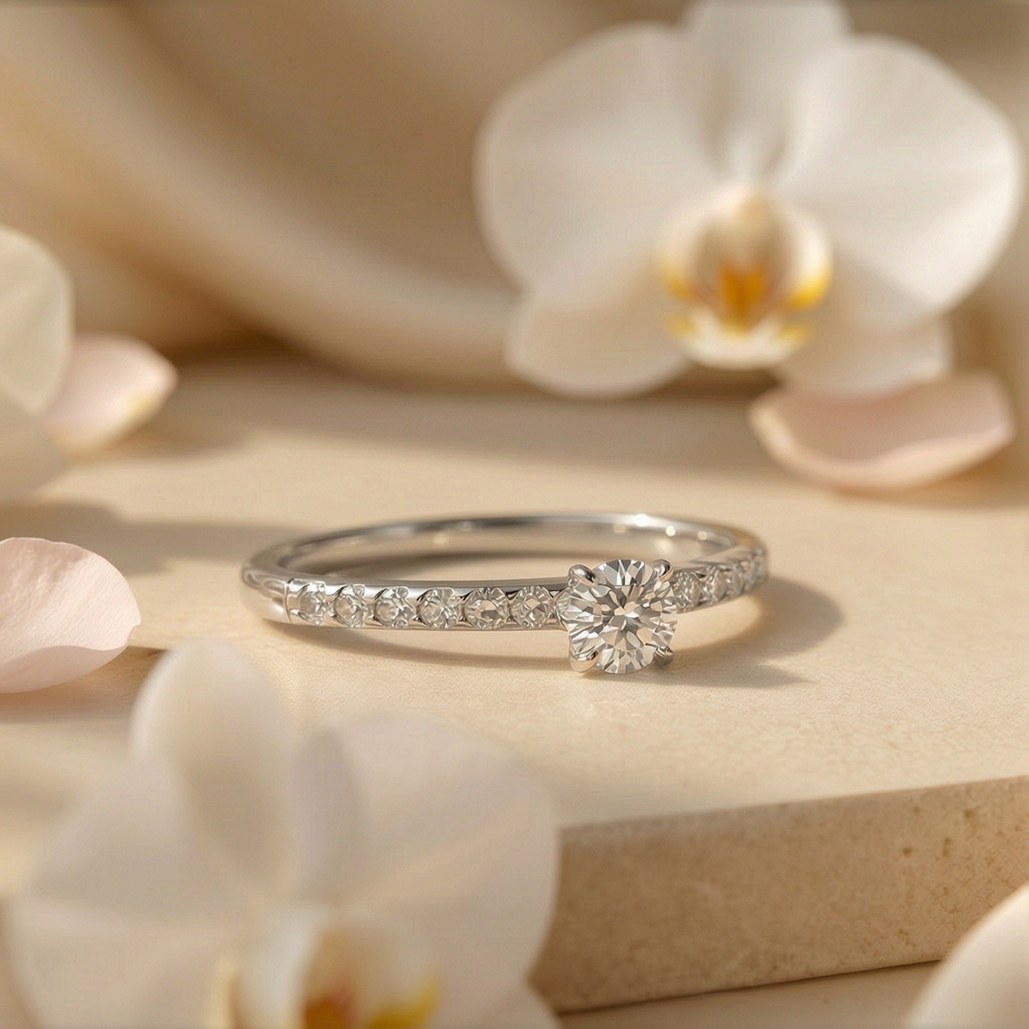 A brilliant round-cut moissanite engagement ring with a pavé white gold band, showcased on a stone pedestal with orchid flowers.